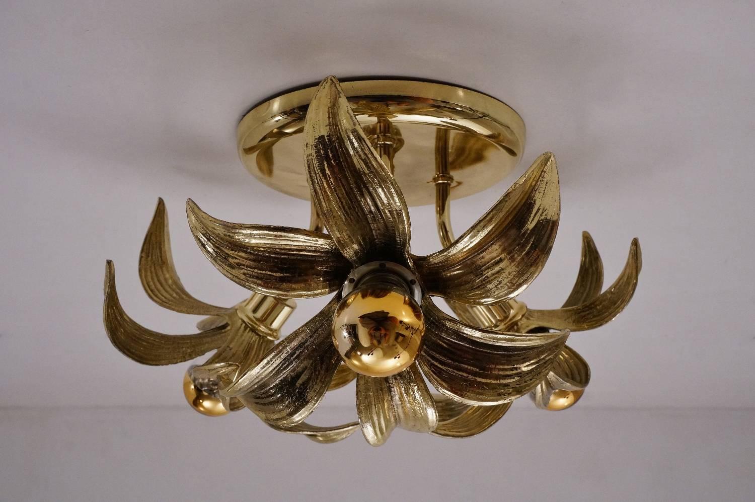 Brass Flower Light in the Style of Willy Daro by Massive, circa 1970s, Belgian In Excellent Condition In London, GB