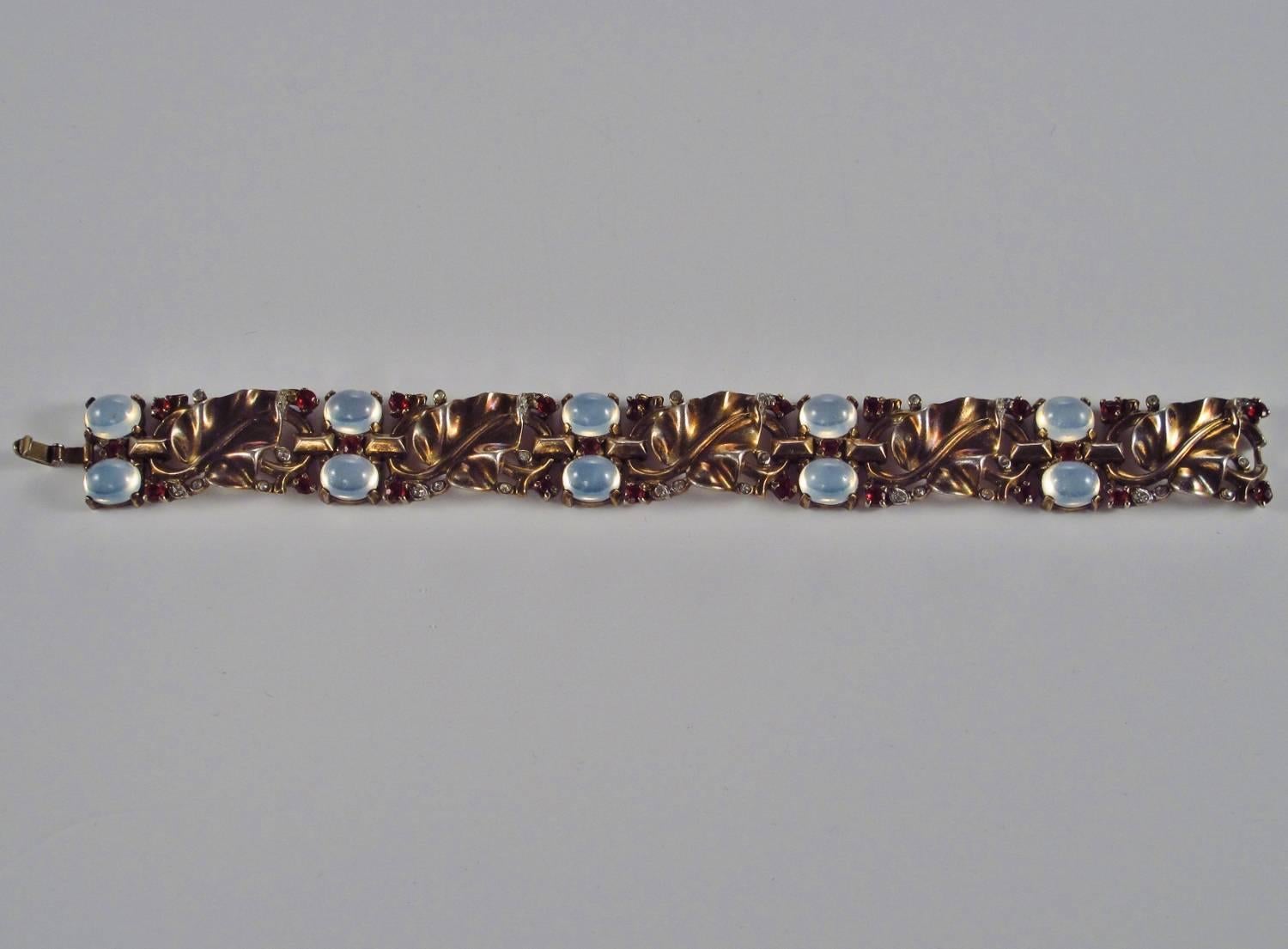 Art Nouveau Trifari Vintage Bracelet Moonstones on Vermeil Gold Gilt Sterling Silver, Alfred For Sale