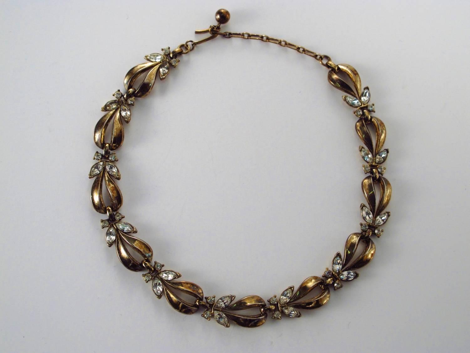 American Trifari Gold Plate & Rhinestone Necklace, Bracelet and Earrings Alfred Phillipe