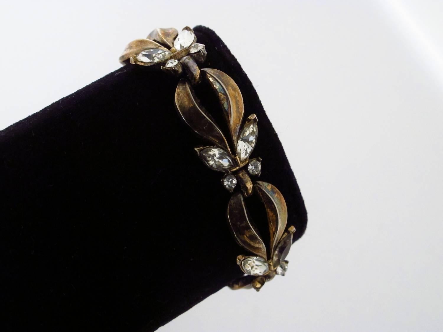 Mid-Century Modern Trifari Gold Plate & Rhinestone Necklace, Bracelet and Earrings Alfred Phillipe