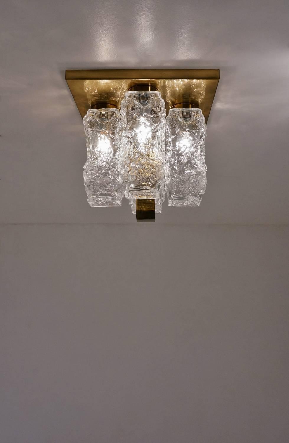 Kalmar Ceiling Light Brutalist Glass & Brass Kalmar, Hillebrand, Austrian In Good Condition In London, GB