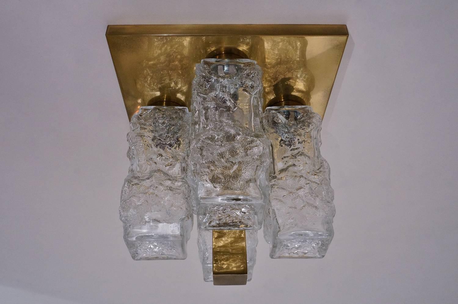 Kalmar Ceiling Light Brutalist Glass & Brass Kalmar, Hillebrand, Austrian 3