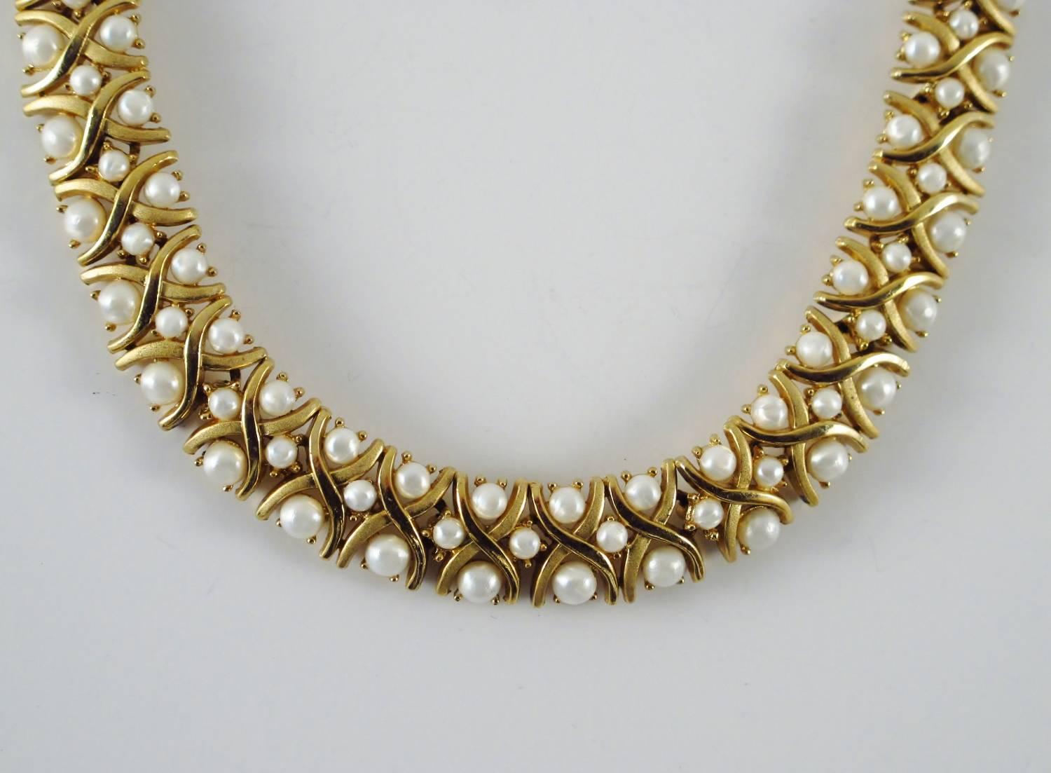 Mid-Century Modern Trifari Vintage Pearl on Gold Tone Necklace and Bracelet, circa 1950s, American For Sale