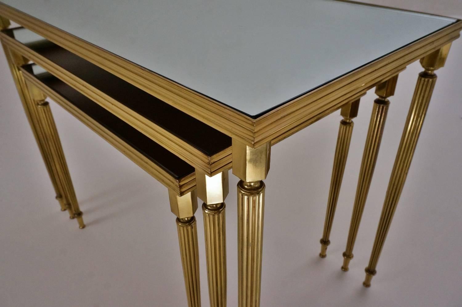 Hollywood Regency Maison Baguès Nesting Tables, Brass and Mirror, 1969, French