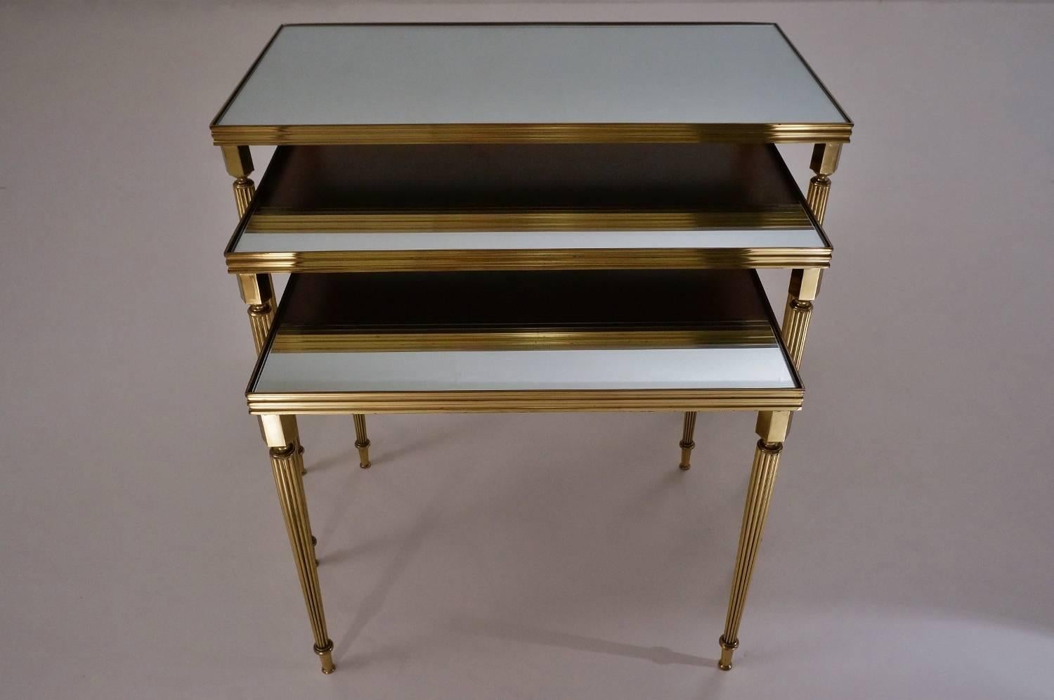 Mid-20th Century Maison Baguès Nesting Tables, Brass and Mirror, 1969, French