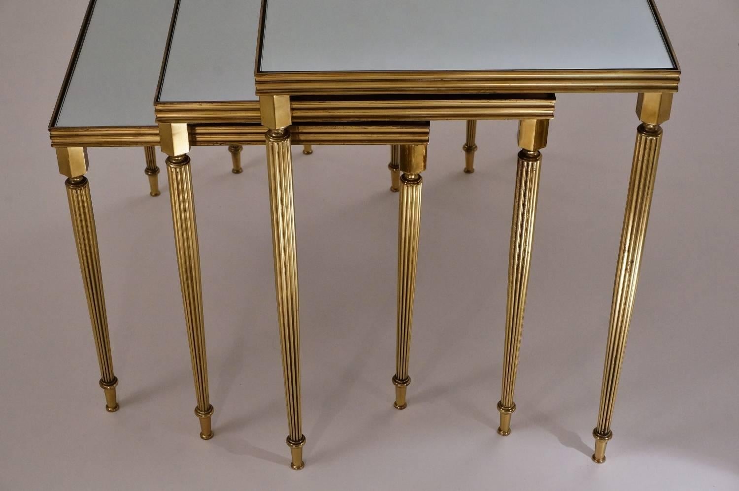 Maison Baguès Nesting Tables, Brass and Mirror, 1969, French 3