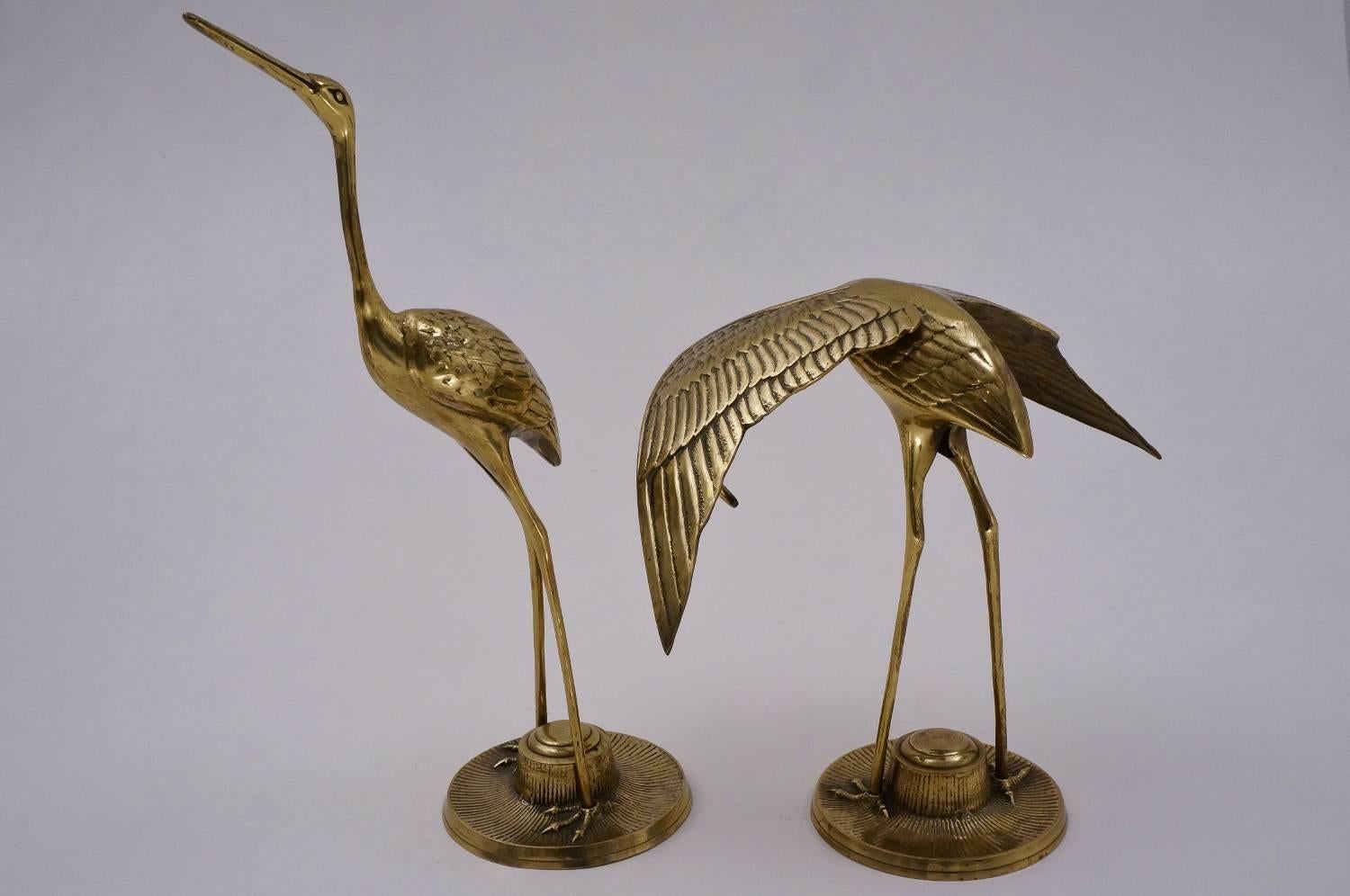 Hollywood Regency Pair of Brass Bird Sculptures, Herons, circa 1960s, French