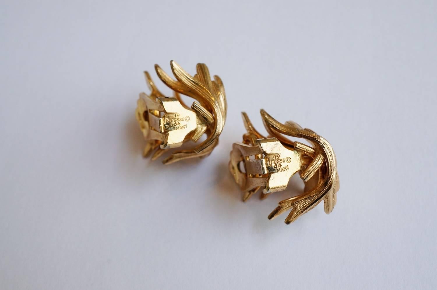 Mid-Century Modern Grosse Earrings Leaf Pattern, Gilt, 1964, German