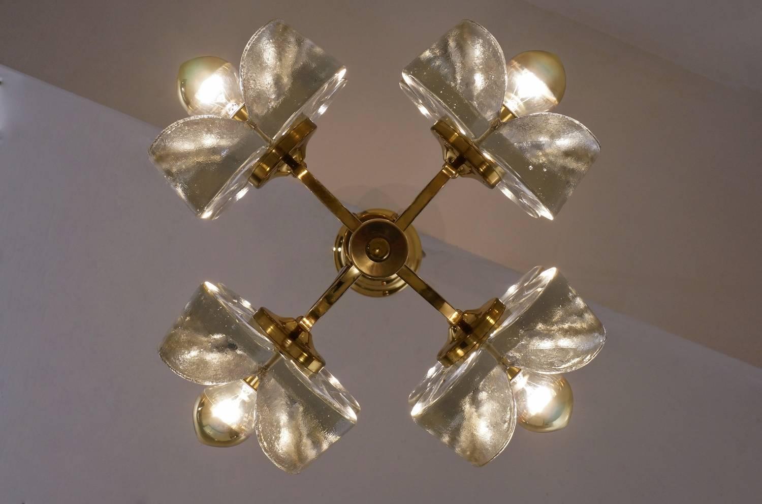 Brass Kalmar flower chandelier glass & brass, 1965, Sische Lighting
