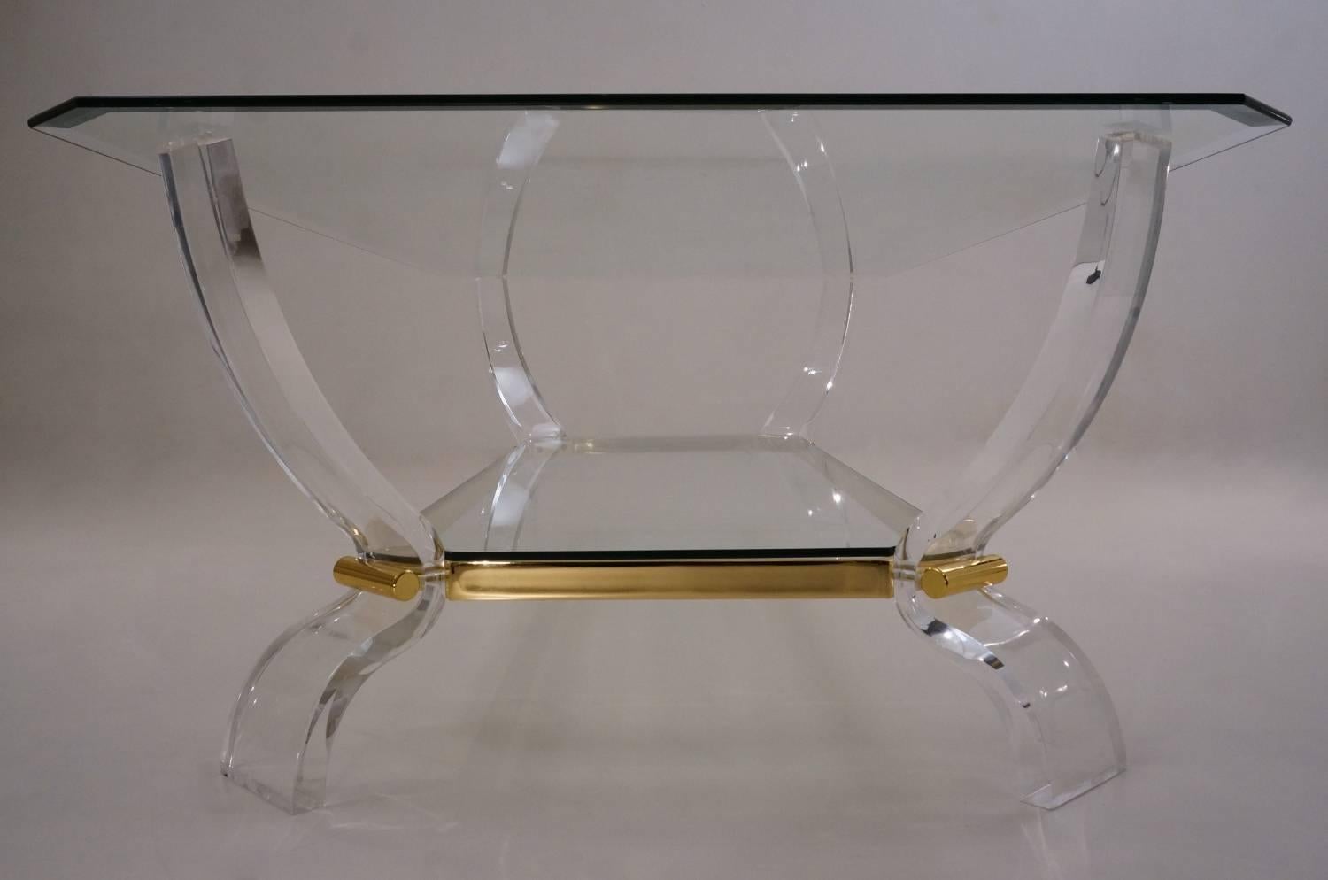 Gold Plate Charles Hollis Jones Table, Lucite with Gilt Detail, circa 1980s, American