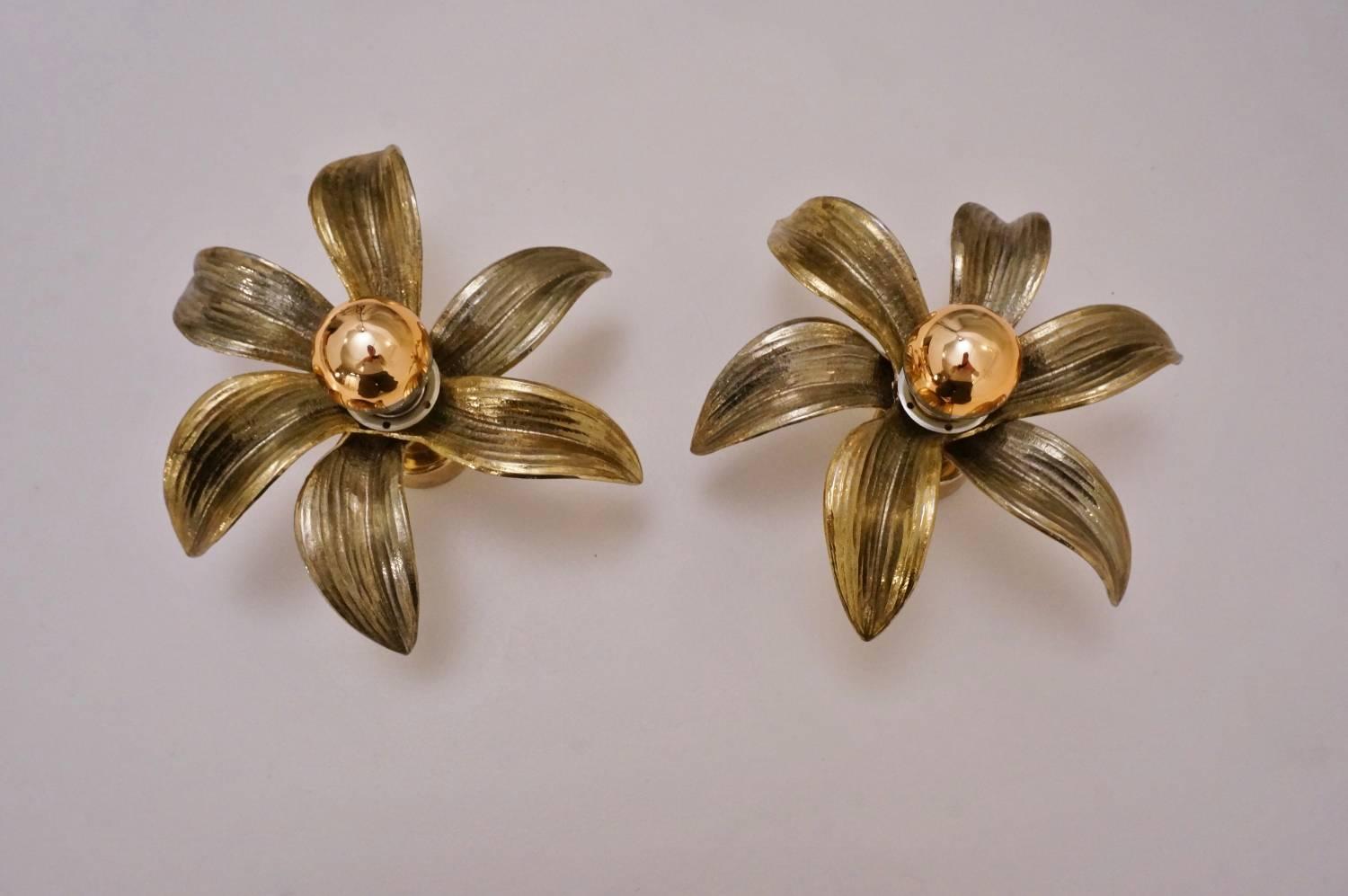 Brass flower wall lights, a pair by the Belgian lighting company 'Massive', circa 1970s.

These decorative sculptural wall lights consist of six quality cast naturalistic textured leaves on a brass gilt frame. The golden brass tone reflects a warm