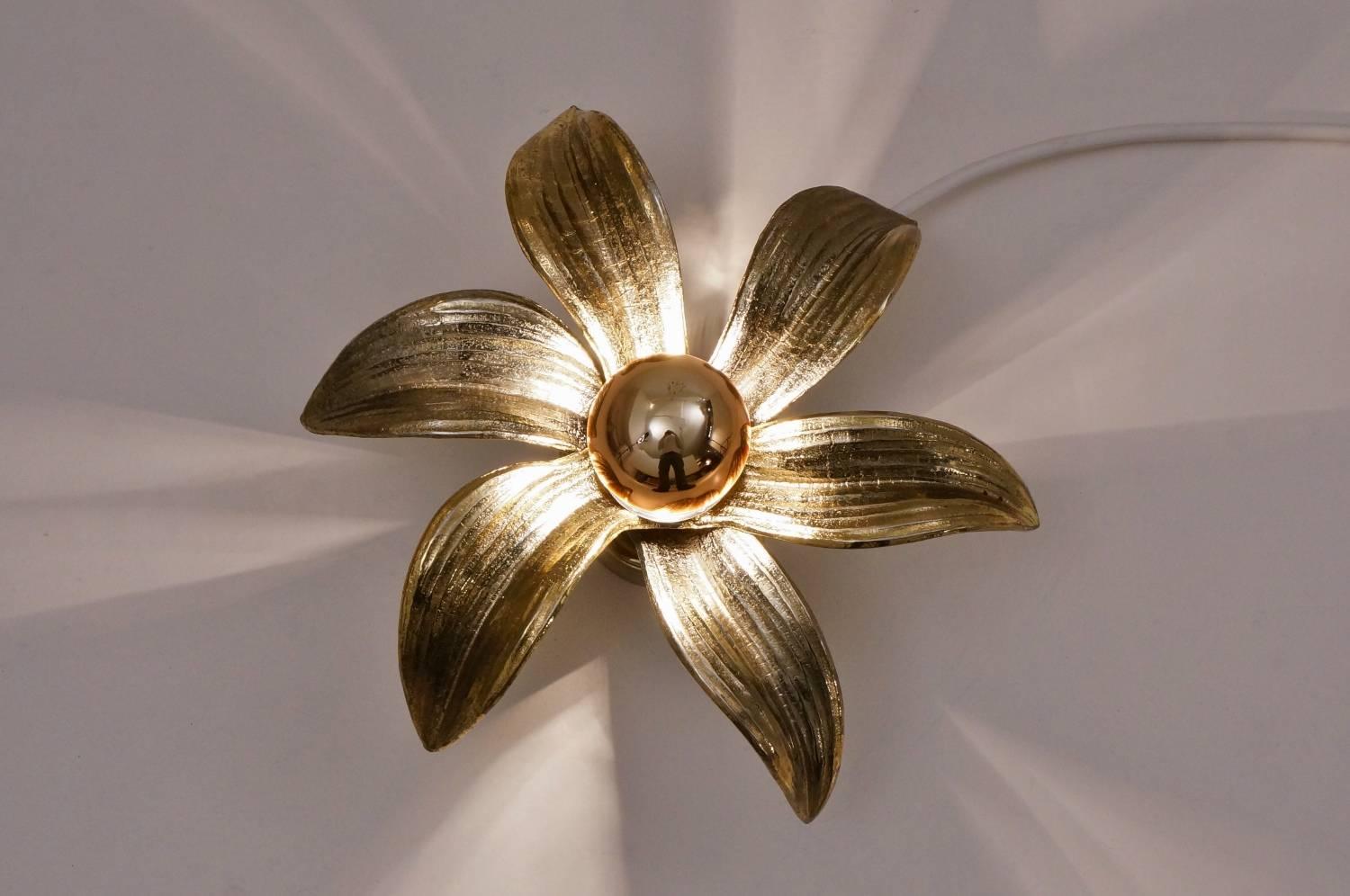 Late 20th Century Brass Flower Wall Lights, a Pair by Massive, 1970s, Belgian, Willy Daro Style