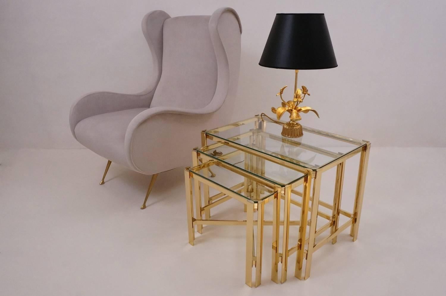 Post-Modern Gold Nesting Tables, Gold-Plated Gilt by Pierre Vandel, circa 1970s, France