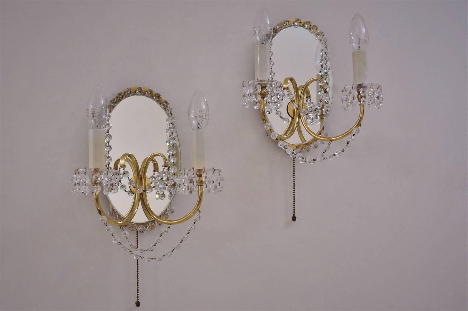 Hollywood Regency Maison Jansen Sconces Crystal Beads, Brass and Mirror, French, circa 1940s