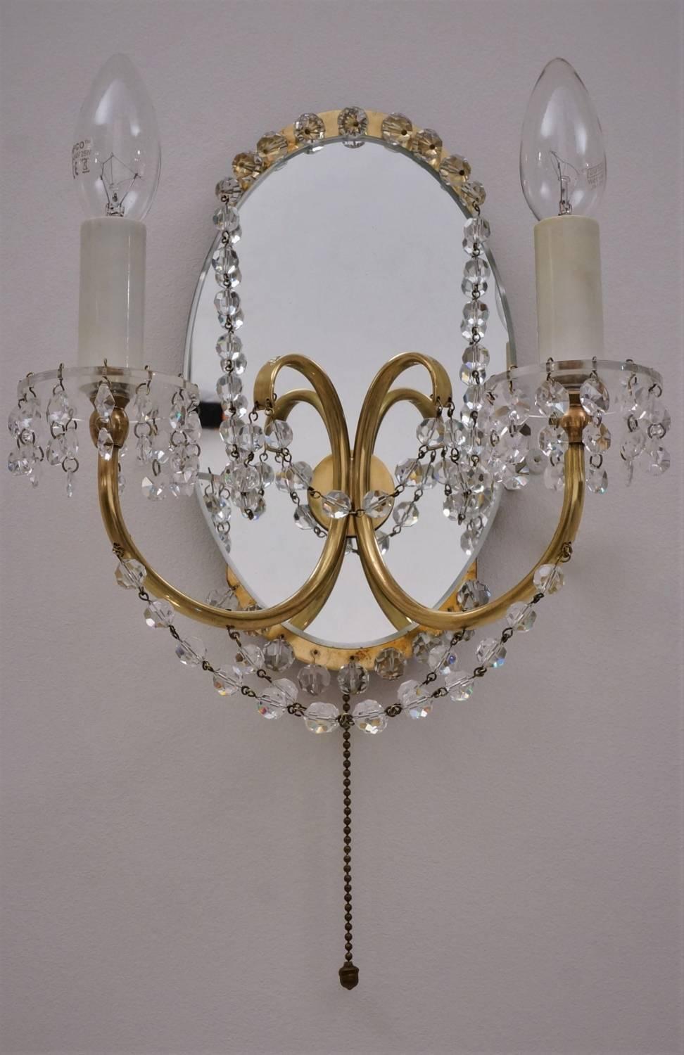 Mid-20th Century Maison Jansen Sconces Crystal Beads, Brass and Mirror, French, circa 1940s