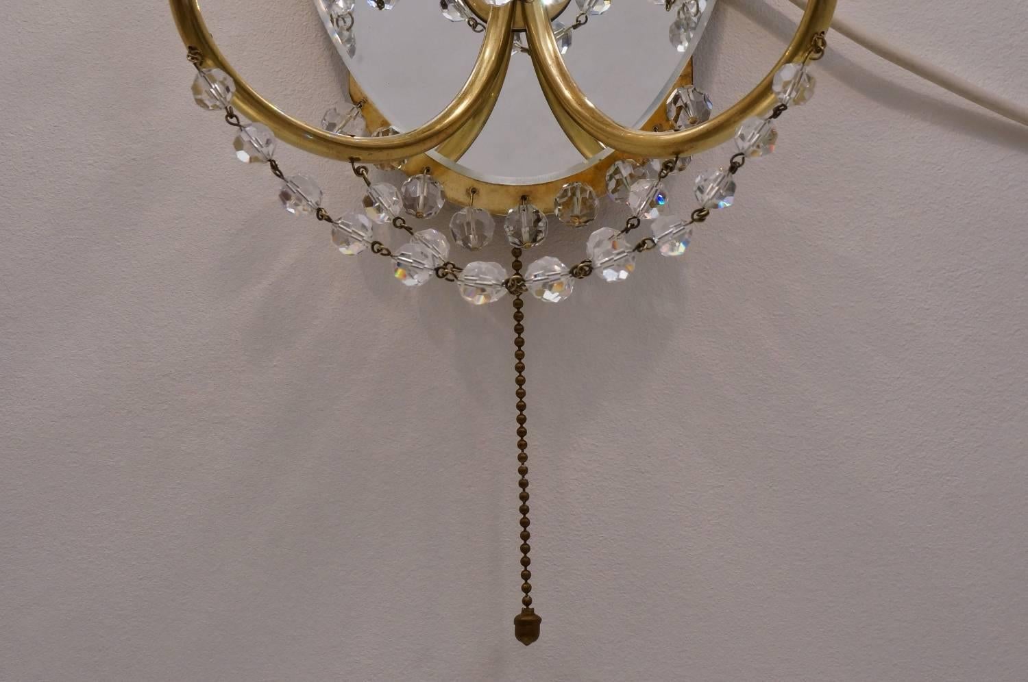 Maison Jansen Sconces Crystal Beads, Brass and Mirror, French, circa 1940s 4