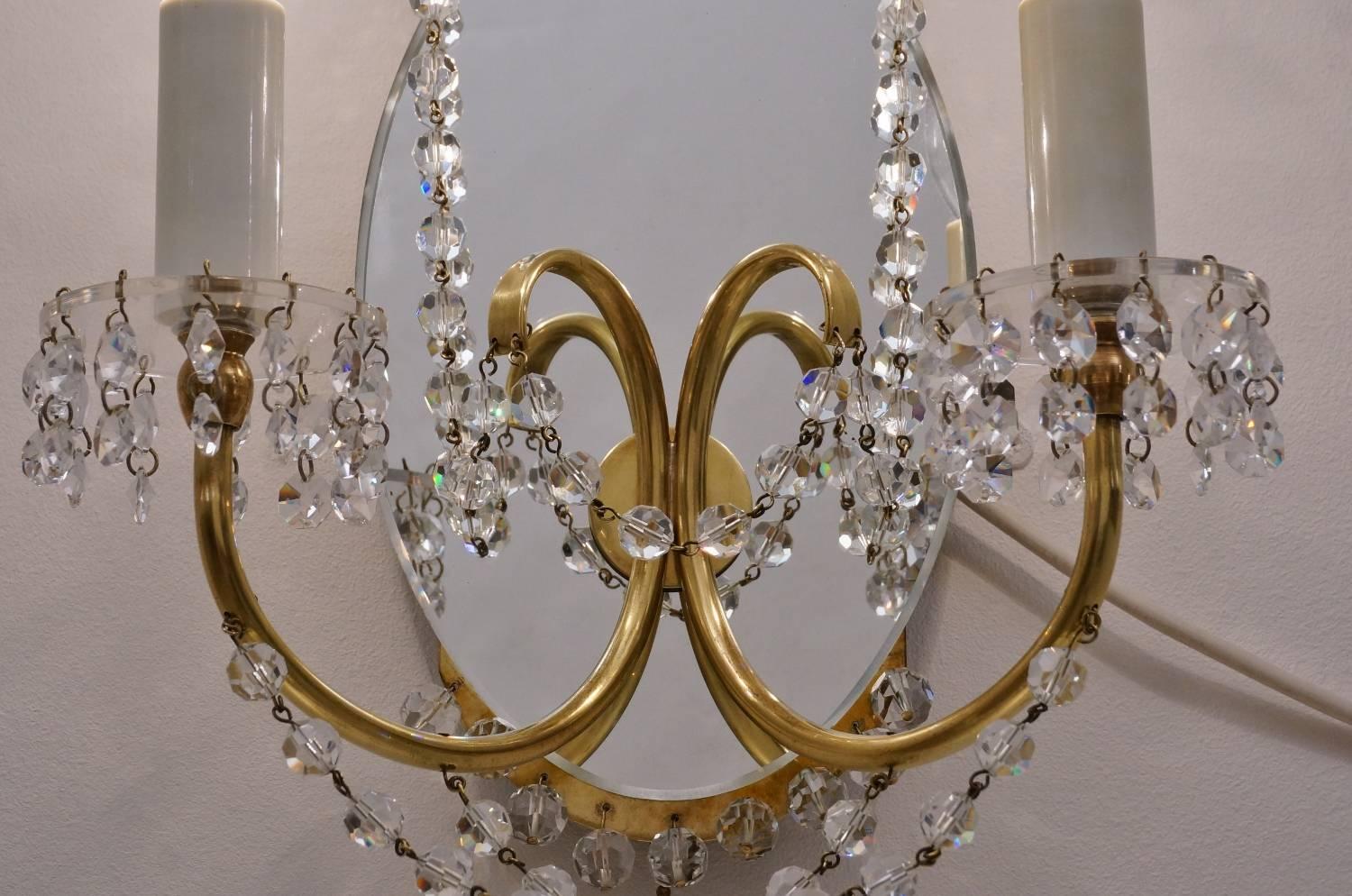 Maison Jansen Sconces Crystal Beads, Brass and Mirror, French, circa 1940s 5