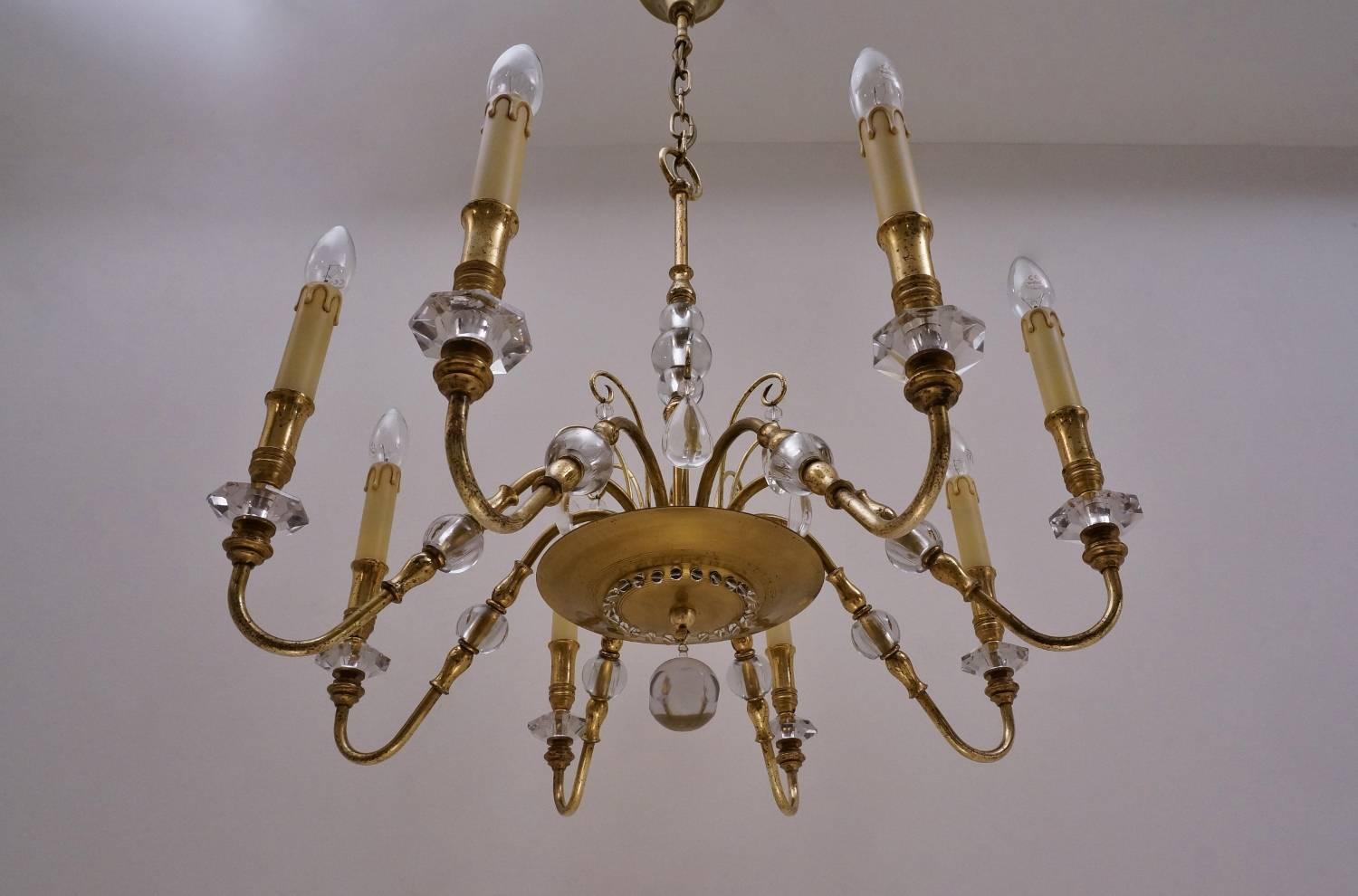 Mid-20th Century Maison Bagues Style Chandelier, Bronze and Crystal, French, circa 1940s For Sale