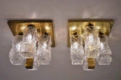 Hillebrand Lighting Pair Flush Lights Brutalist Glass and Brass, circa 1970s