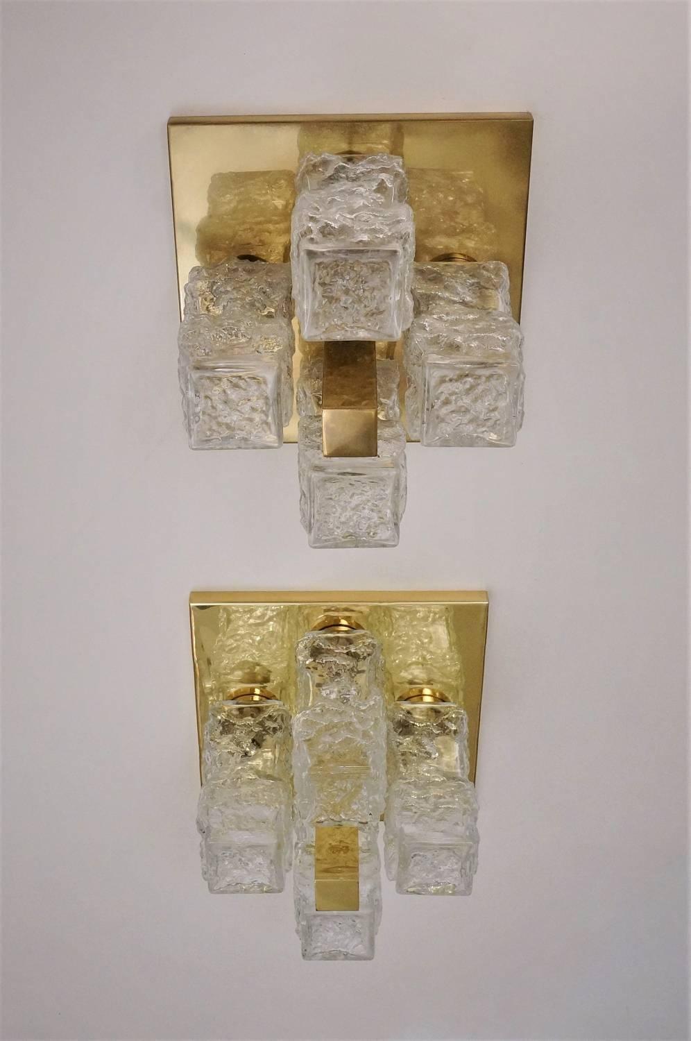 Hillebrand Lighting Pair Flush Lights Brutalist Glass and Brass, circa 1970s In Good Condition In London, GB