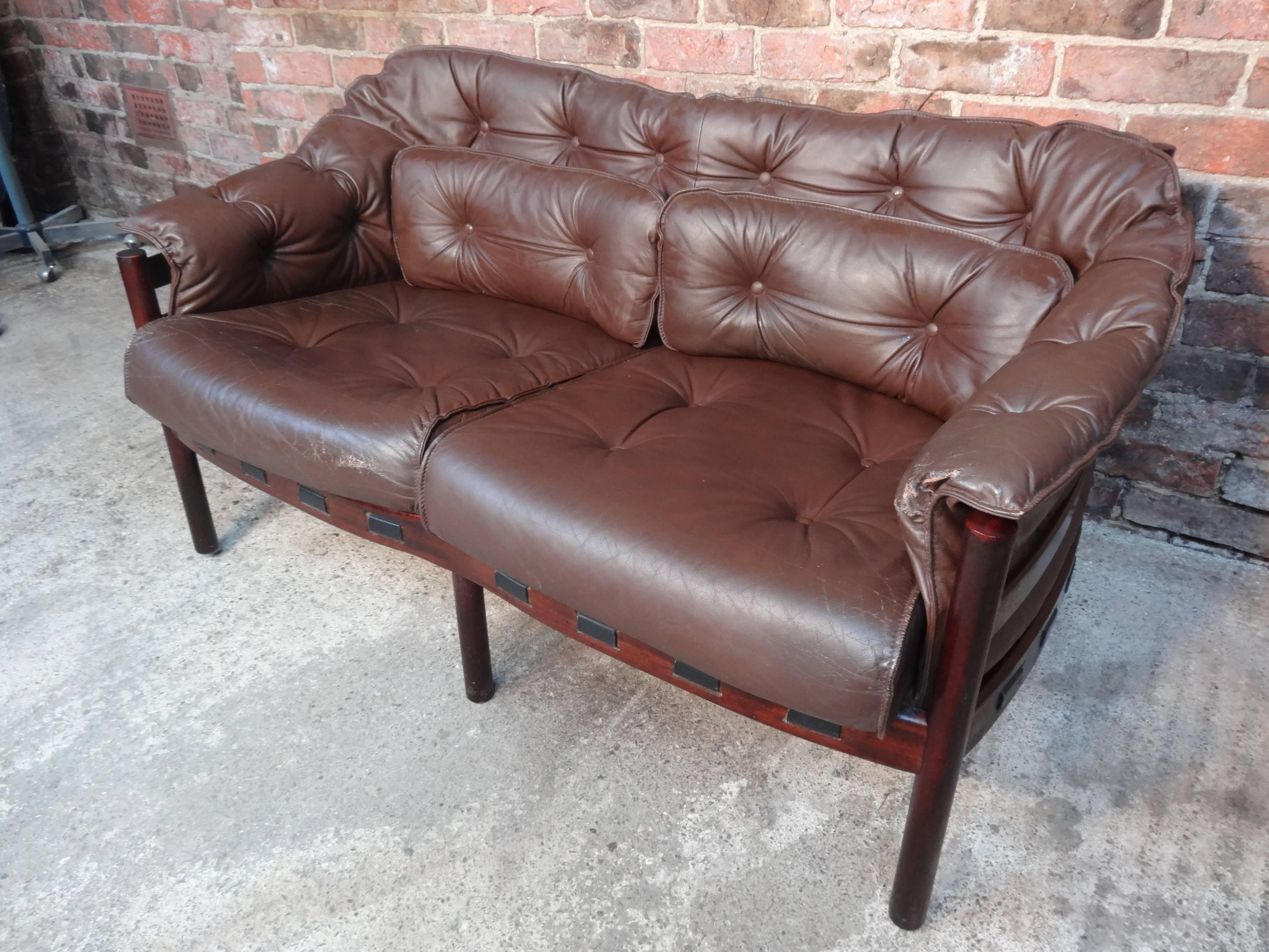 Mid-Century Modern Danish Rosewood Arne Norell Brown Vintage Retro 1960's Leather Sofa