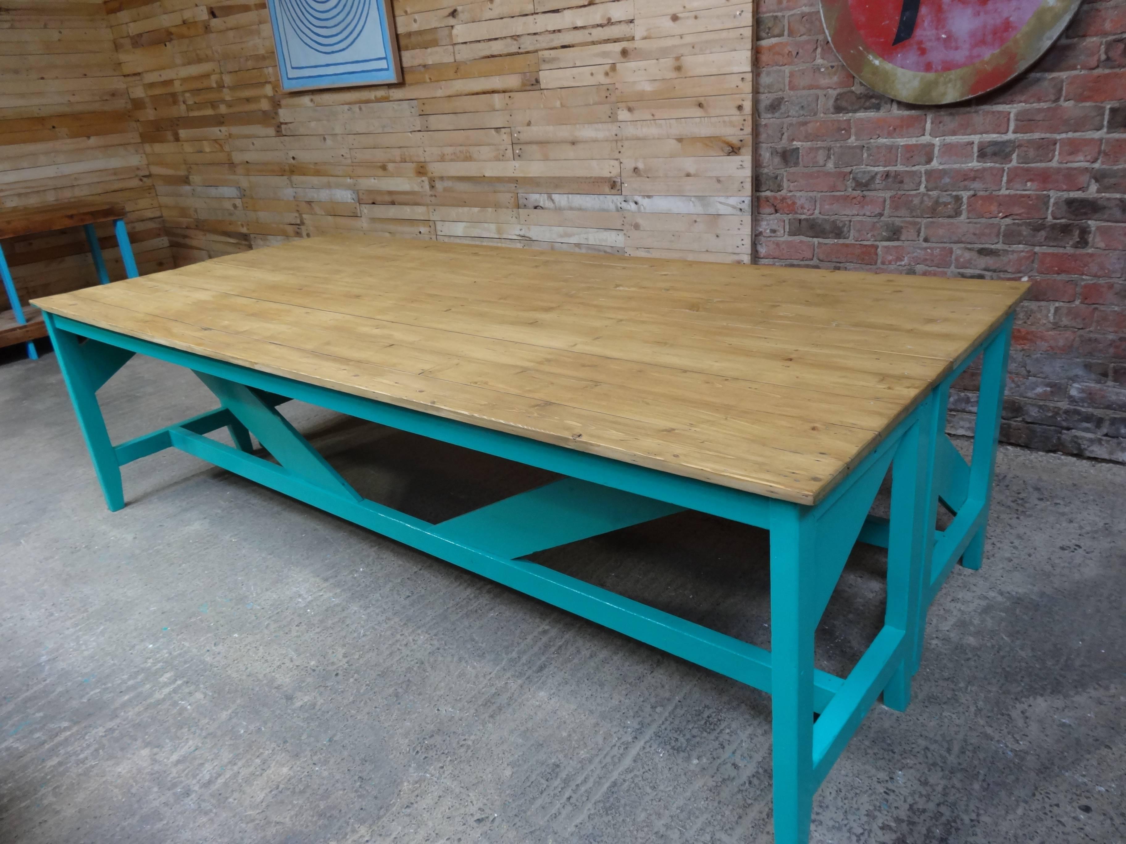 1910s Extra Large Light Retro Green Kitchen Table or Shop Display In Good Condition In Markington, GB