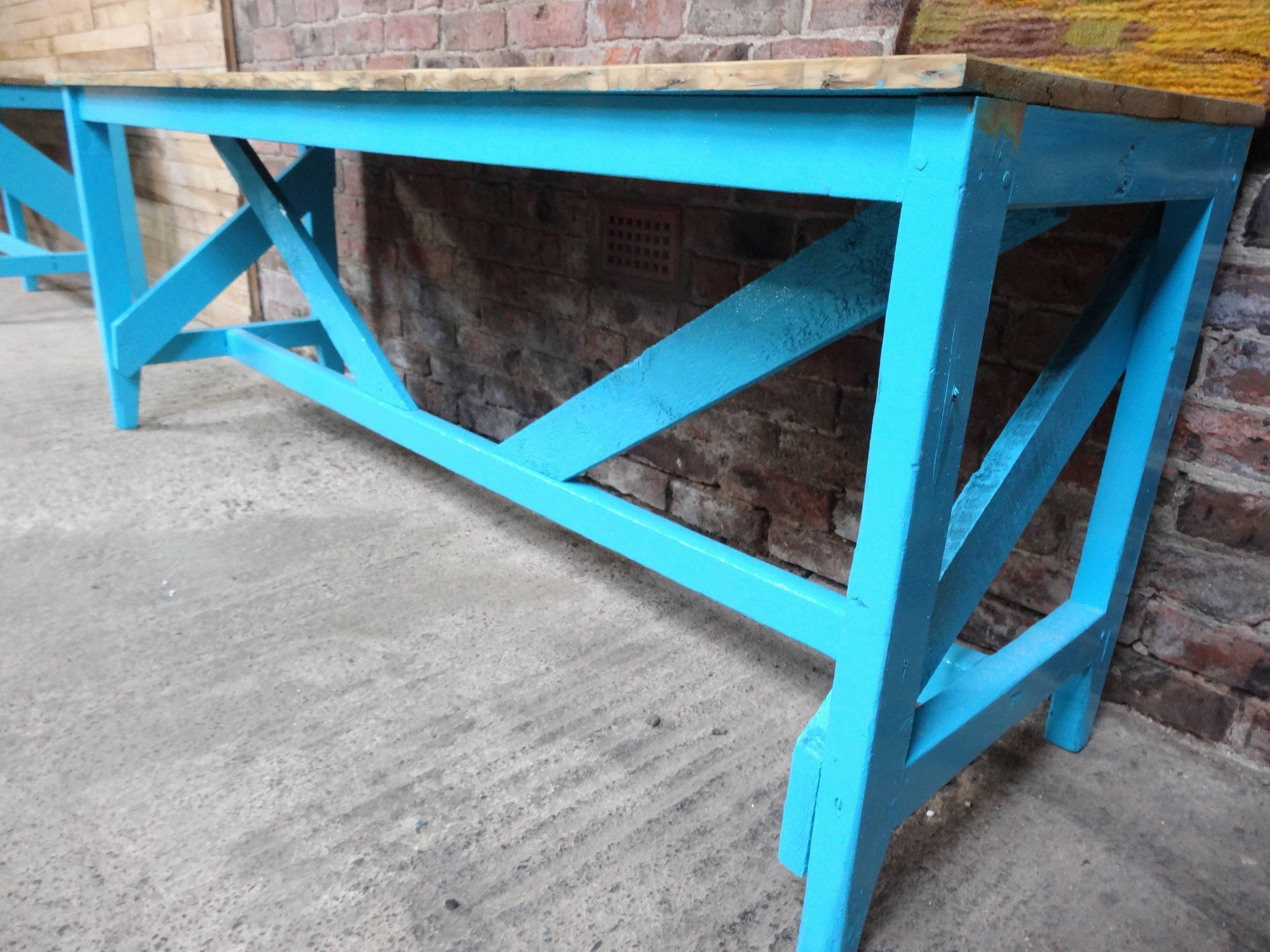 Industrial fabric cutting table we bought this out of the Windsor of Woollies knitwear mill, they made fabrics for the European royal families. This table would be ideal for a shop fitout to display goods, we have two other blue tables in this style