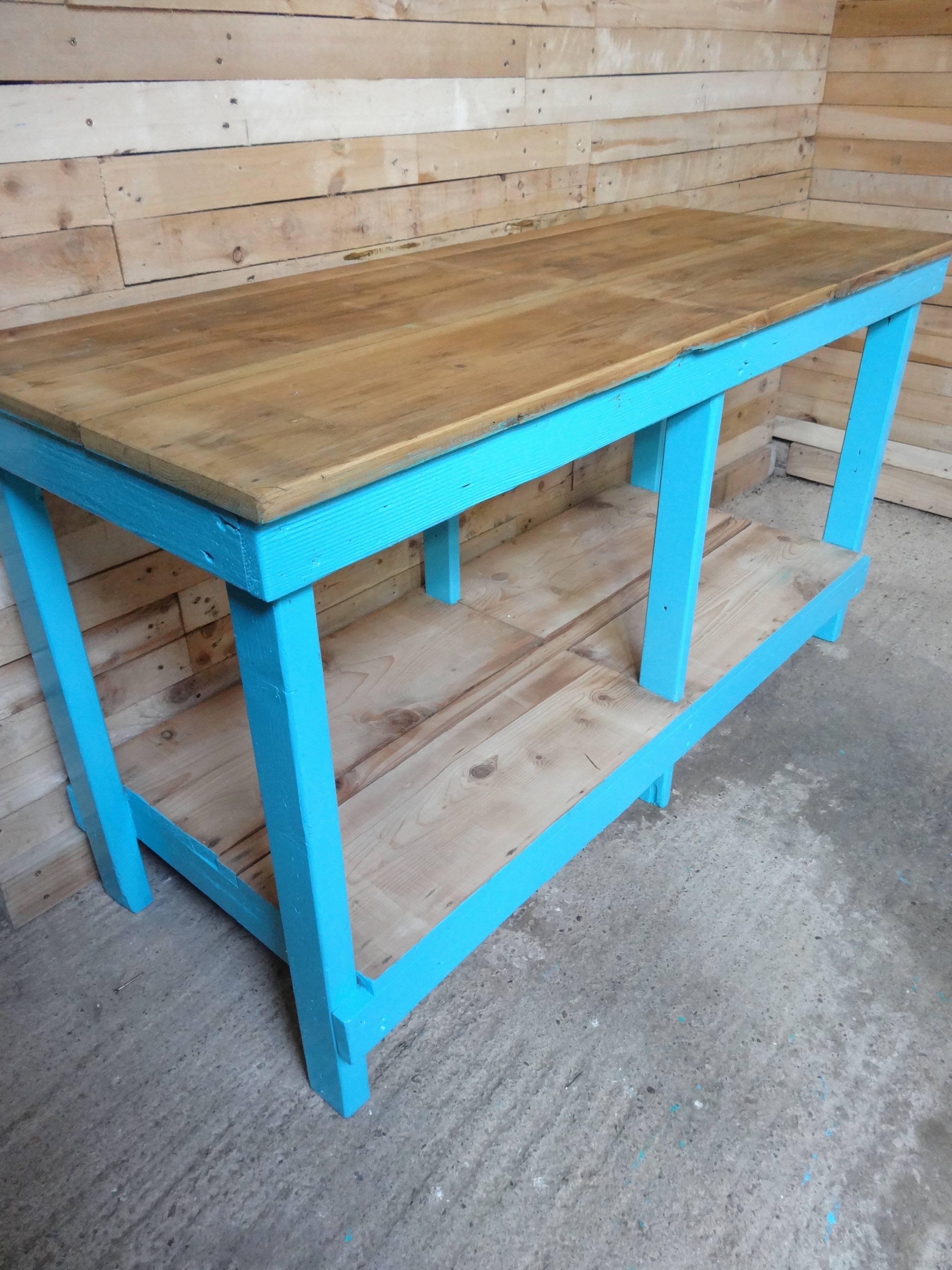 Industrial fabric cutting table we bought this out of the Windsor of Woollies knitwear mill, they made fabrics for the European royal families. This table would be ideal for a shop fitout to display goods, we have two more blue tables available,