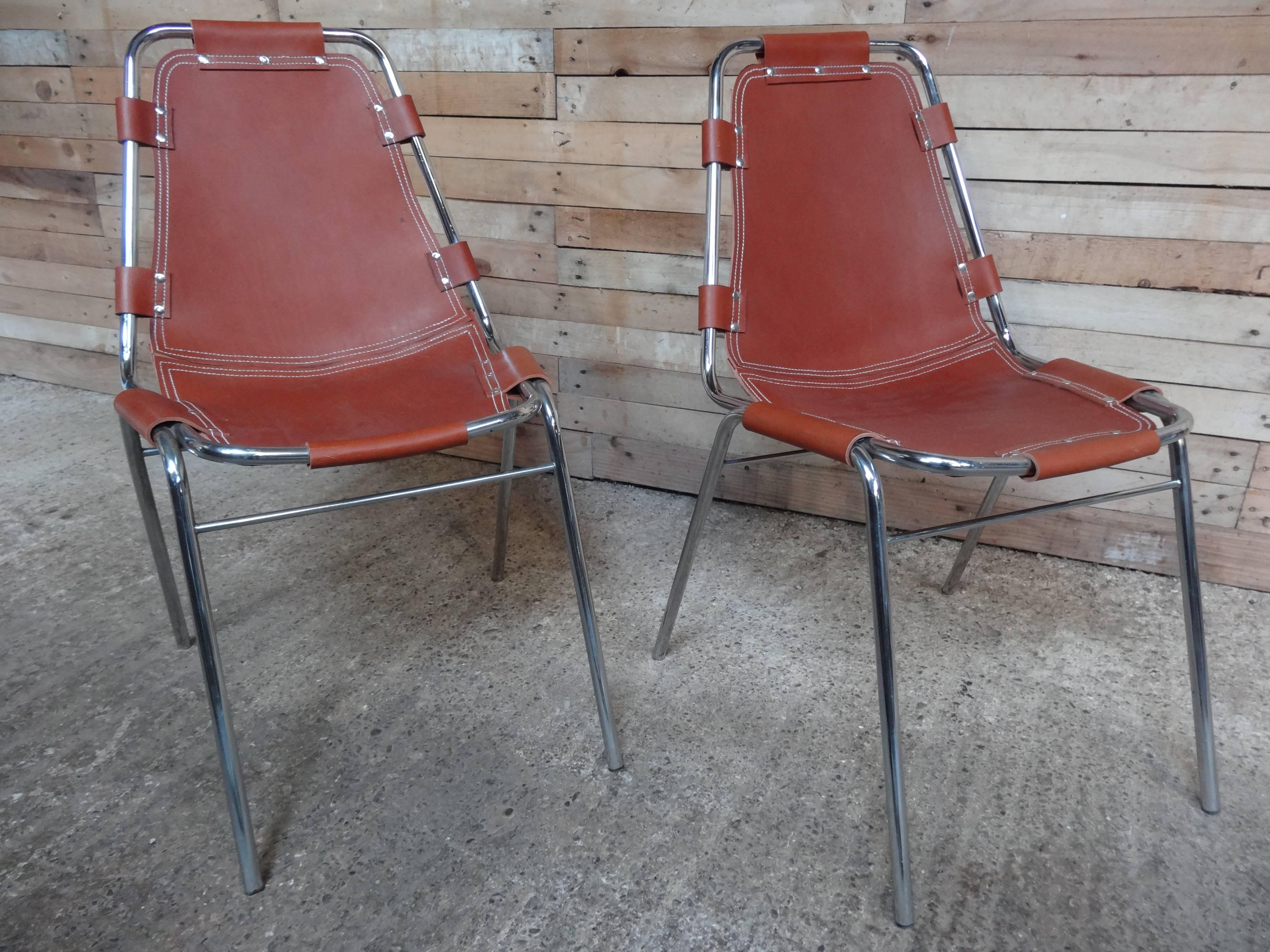 French Selected by Charlotte Perriand for Les Arcs Ski Resort 2 Leather Dining Chairs