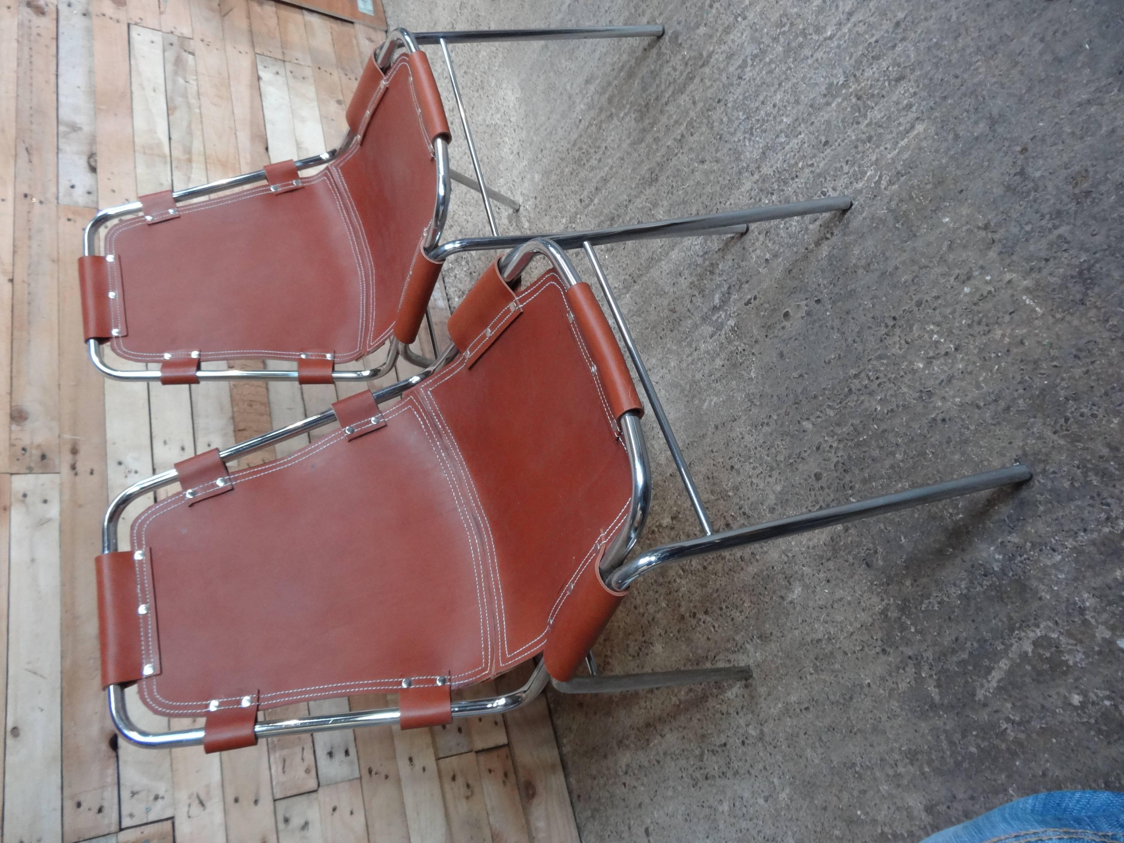 Selected by Charlotte Perriand for Les Arcs Ski Resort 2 Leather Dining Chairs In Excellent Condition In Markington, GB