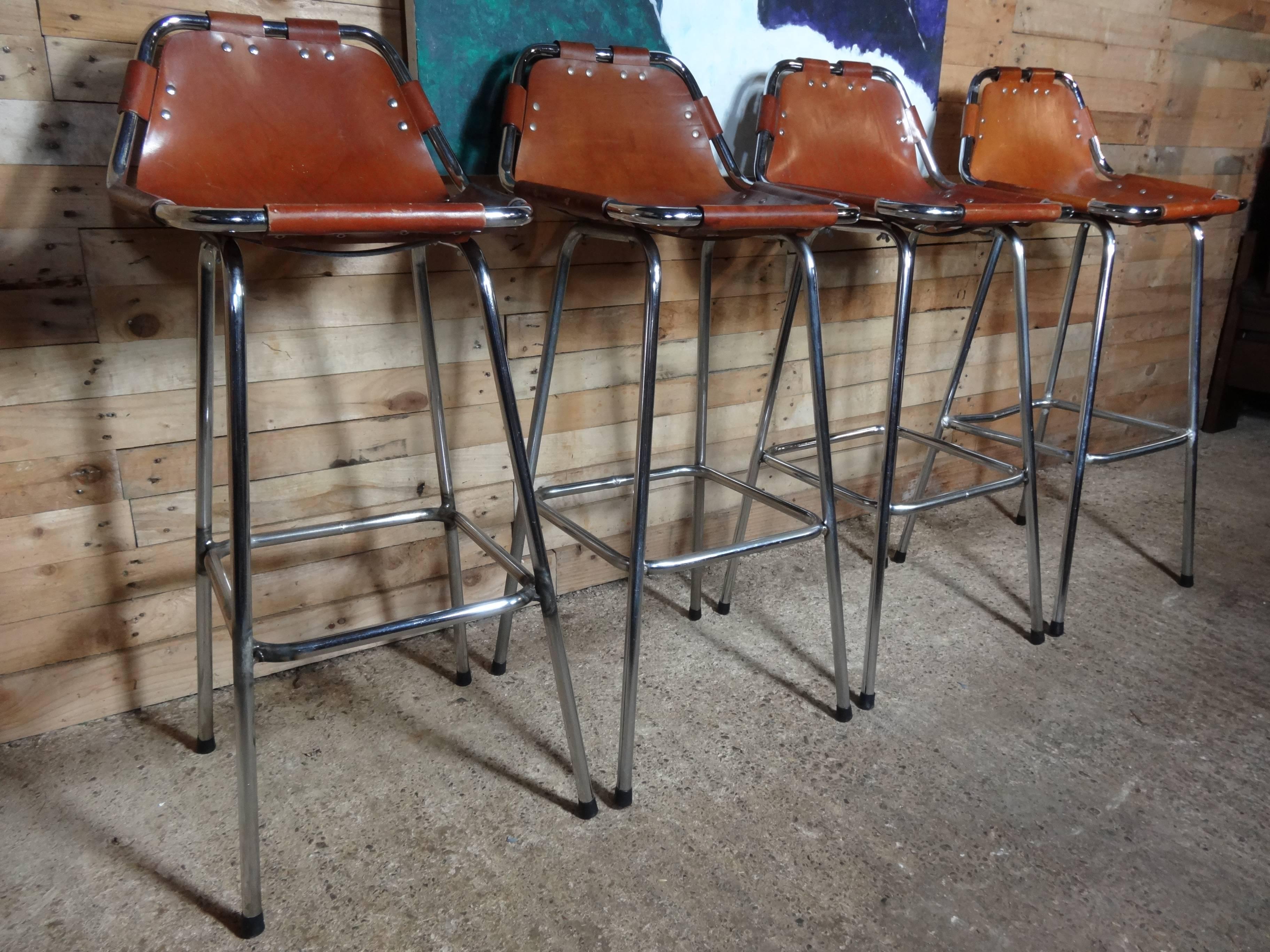 Metal Selected by Charlotte Perriand for the Les Arcs Ski Resort, Four High Bar Stools