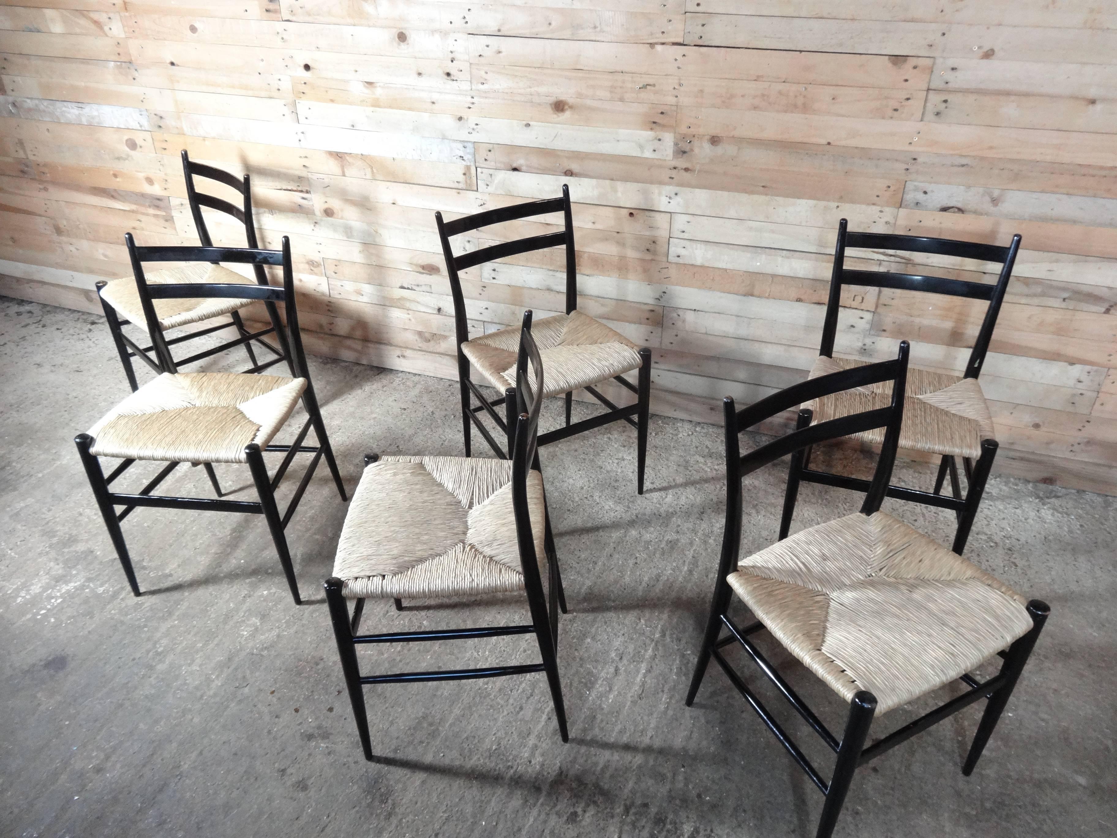 20th Century Six Ebonized Mid-Century Modern Chairs Attributed to Gio Ponti, Italy circa 1950