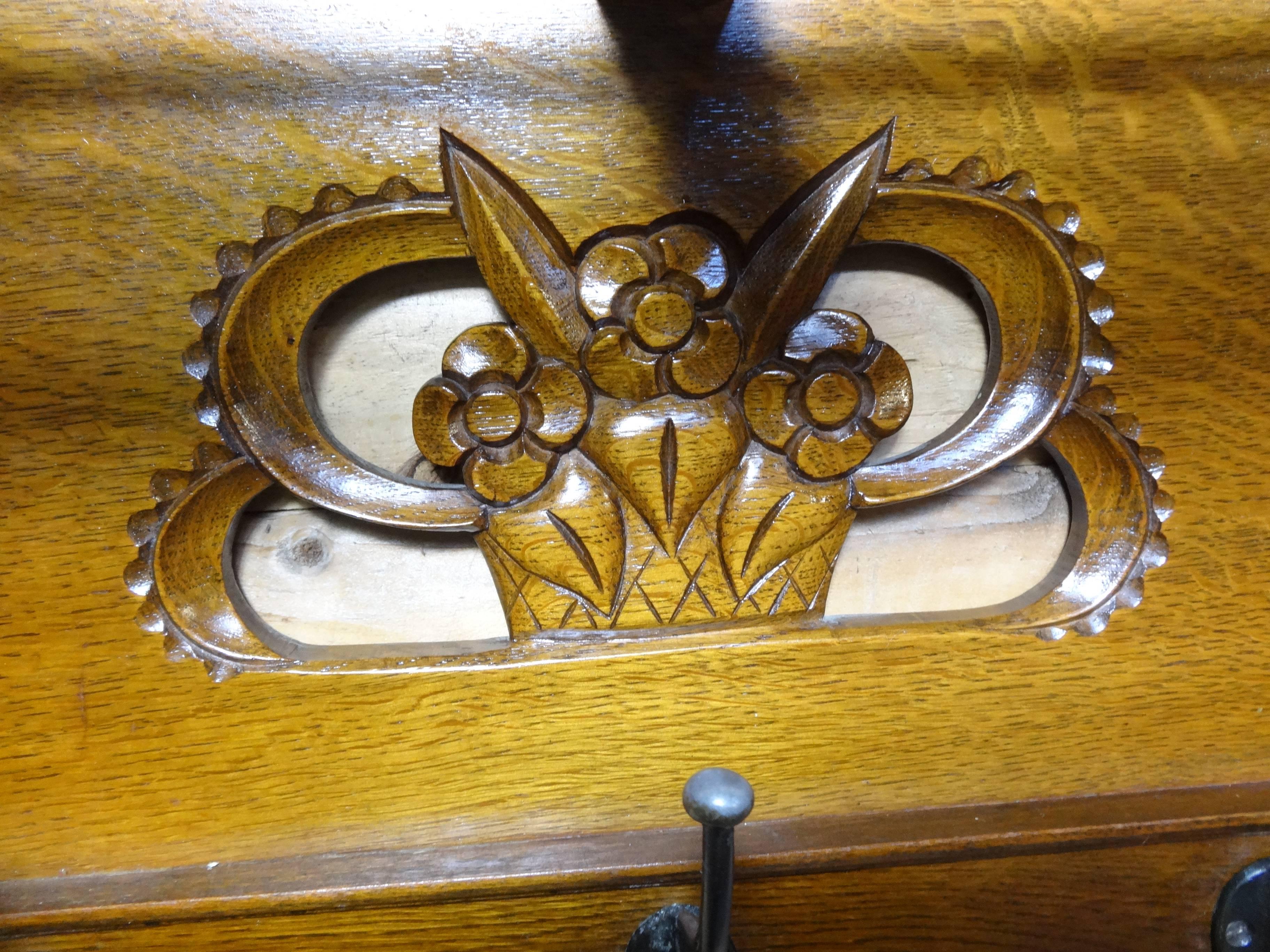 20th Century Stunning Dutch solid oak  Art & Craft Coatrack with Flower Motif ca 1930