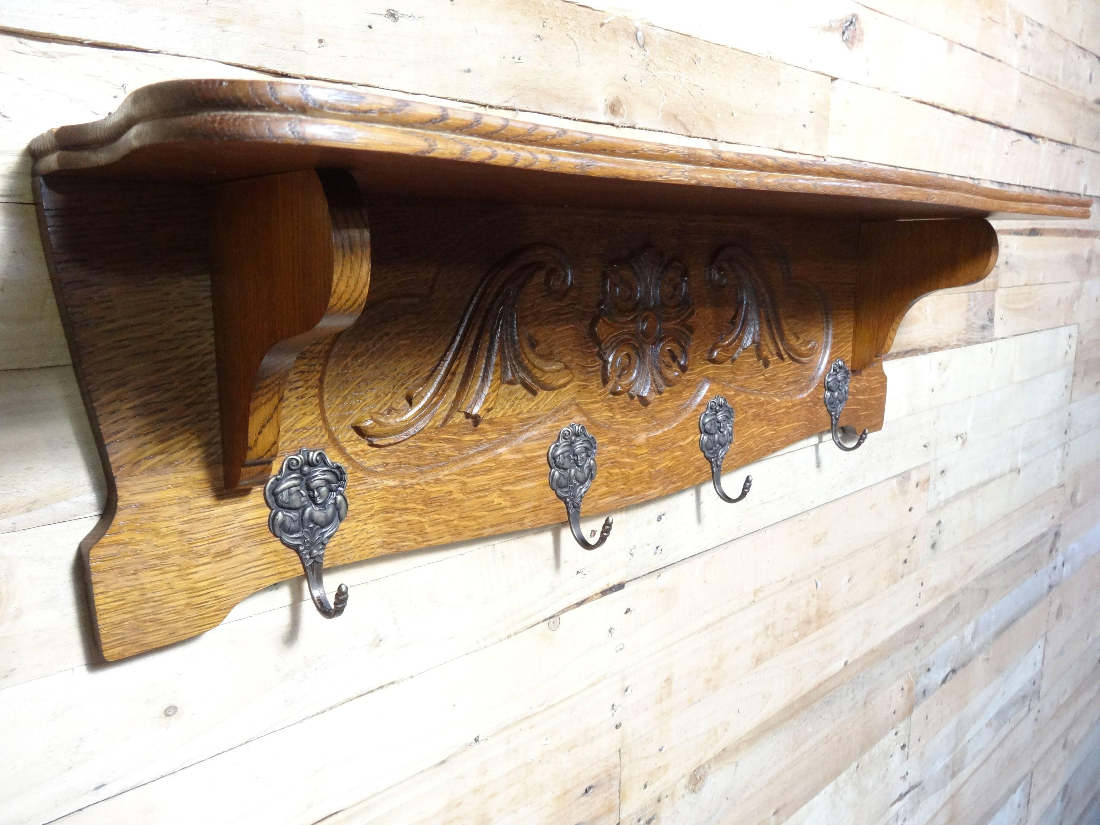 20th Century Dutch solid oak  Art & Craft Coatrack ca 1930 with some lovely wood carving