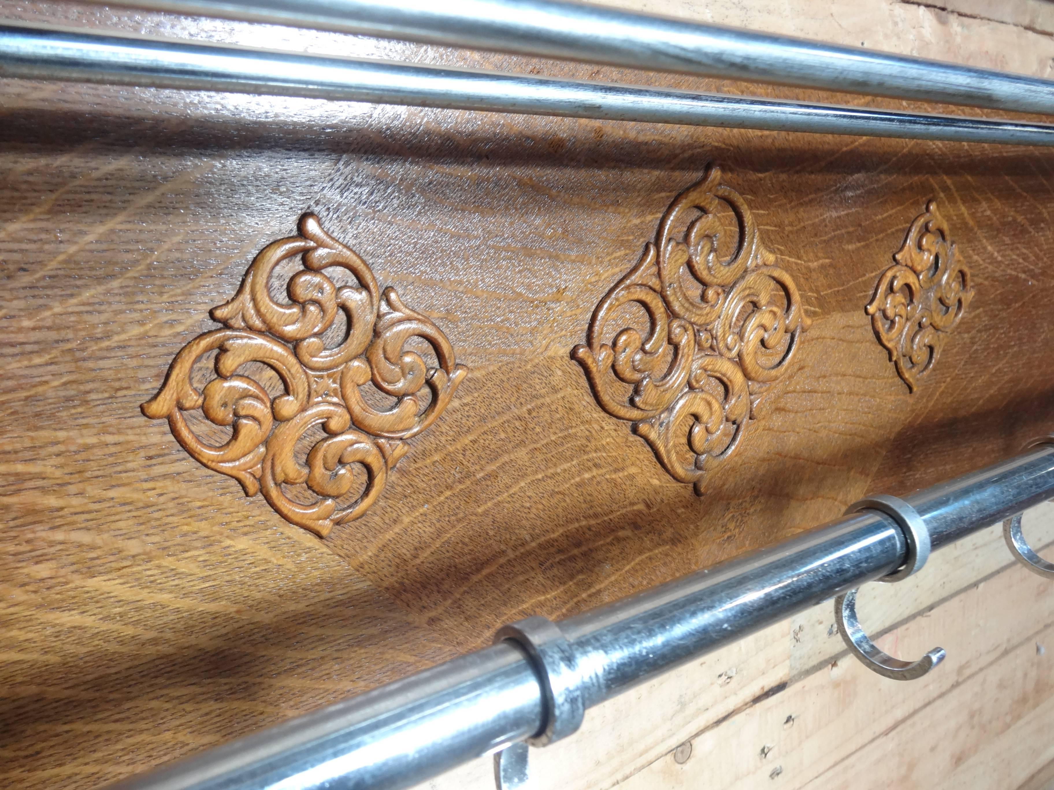 20th Century Dutch Chrome and Oak Art & Craft Coatrack ca 1930 with some lovely wood carving For Sale