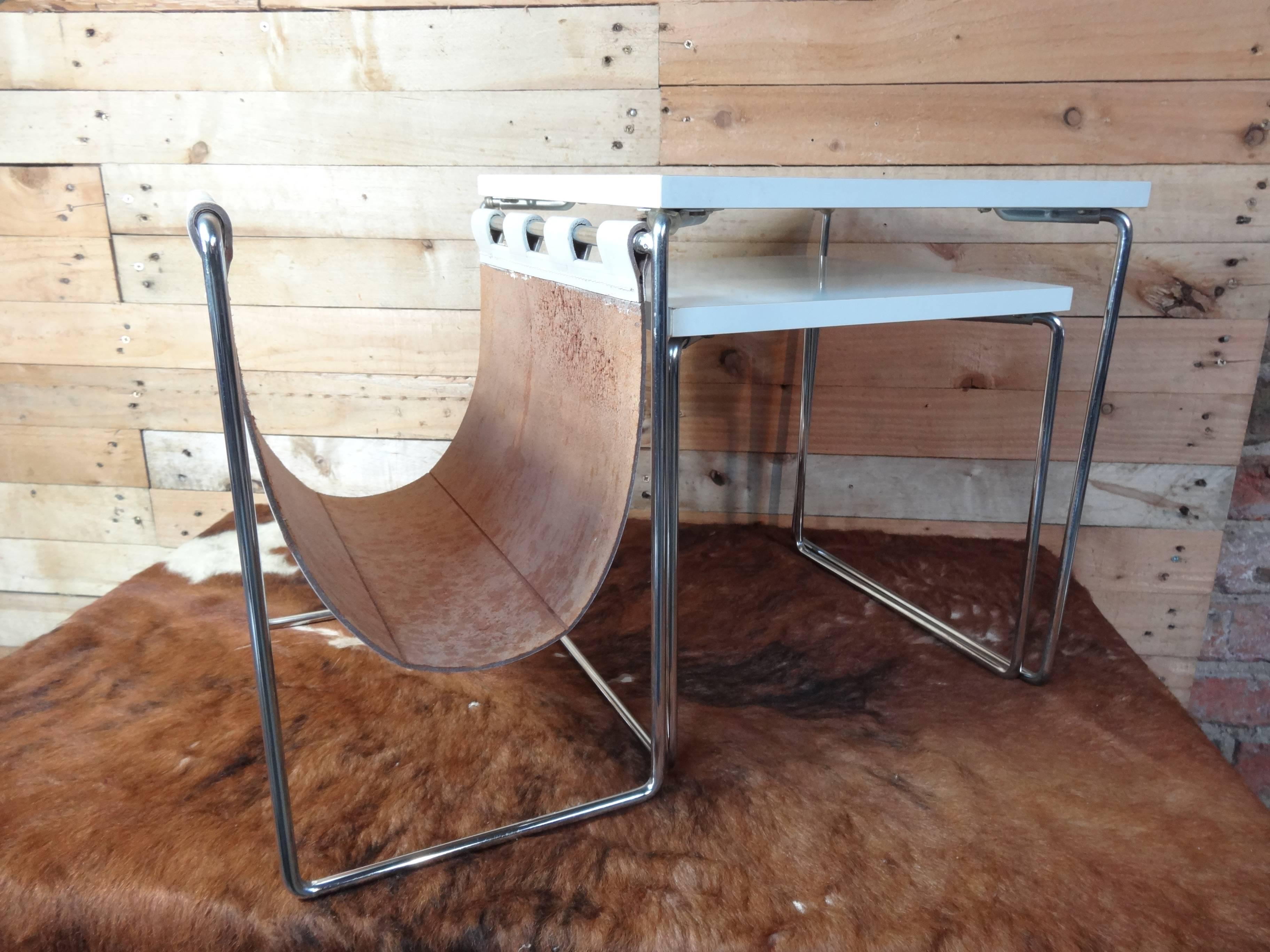 Mid-Century Modern Leather and Chrome Magazine Rack / Nesting Tables by Brabantia, Holland