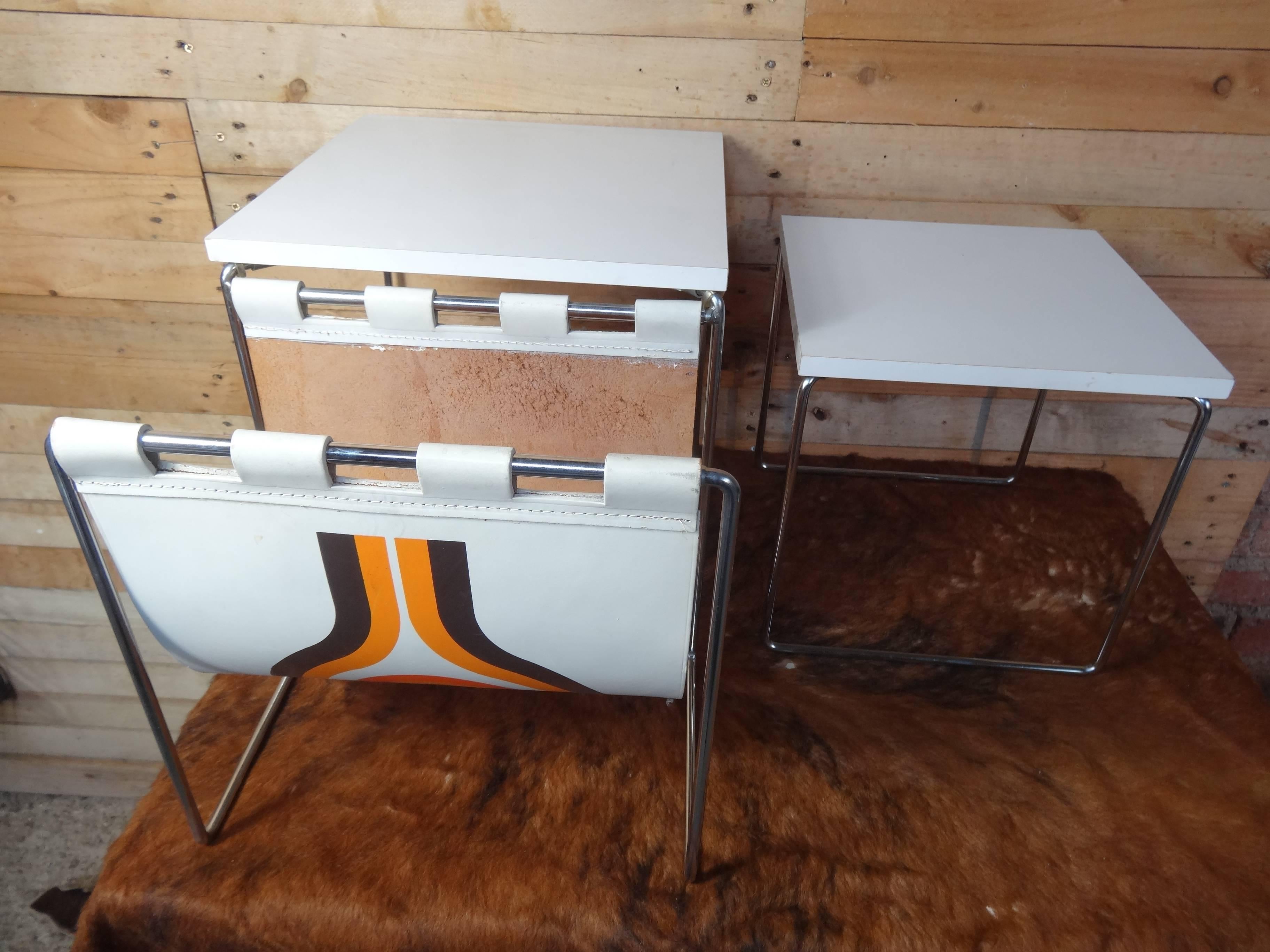 Leather and Chrome Magazine Rack / Nesting Tables by Brabantia, Holland In Good Condition In Markington, GB