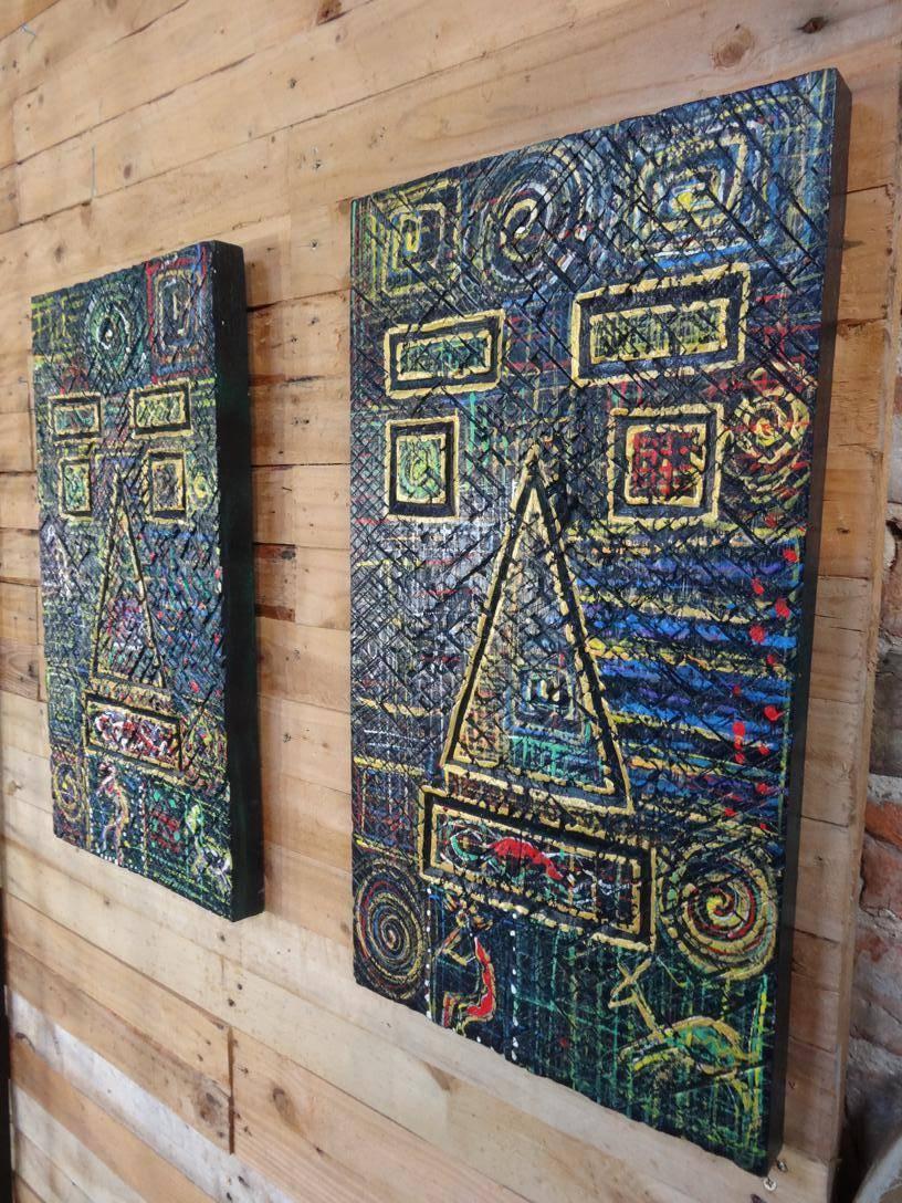 Set of Two Original painted African Tribal Carved and Painted Art Pieces For Sale 1