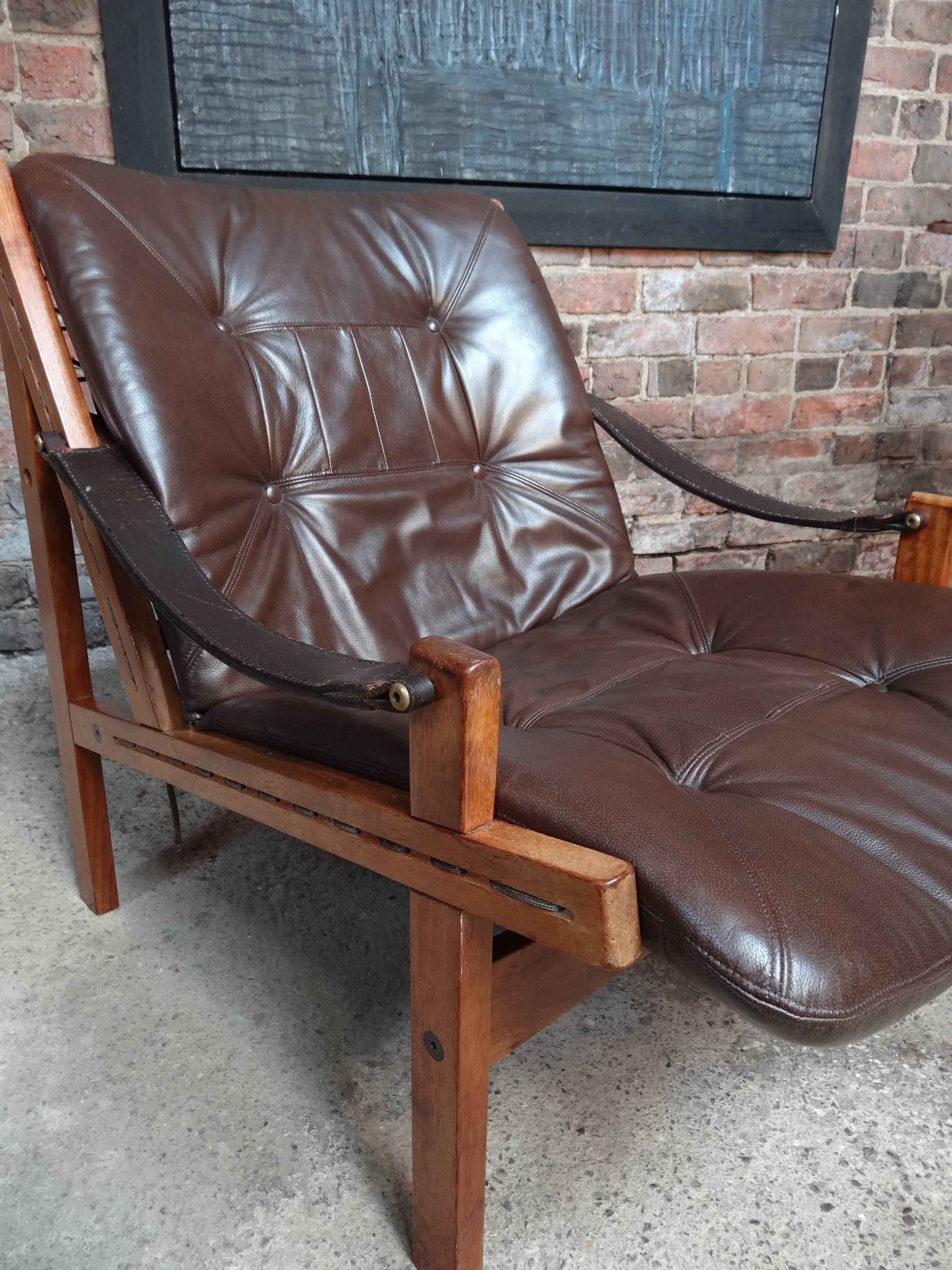 Mid-Century Modern 1960 vintage Torbjorn Afdal Brown Leather Sling Armchair by Bruksbo, Norway