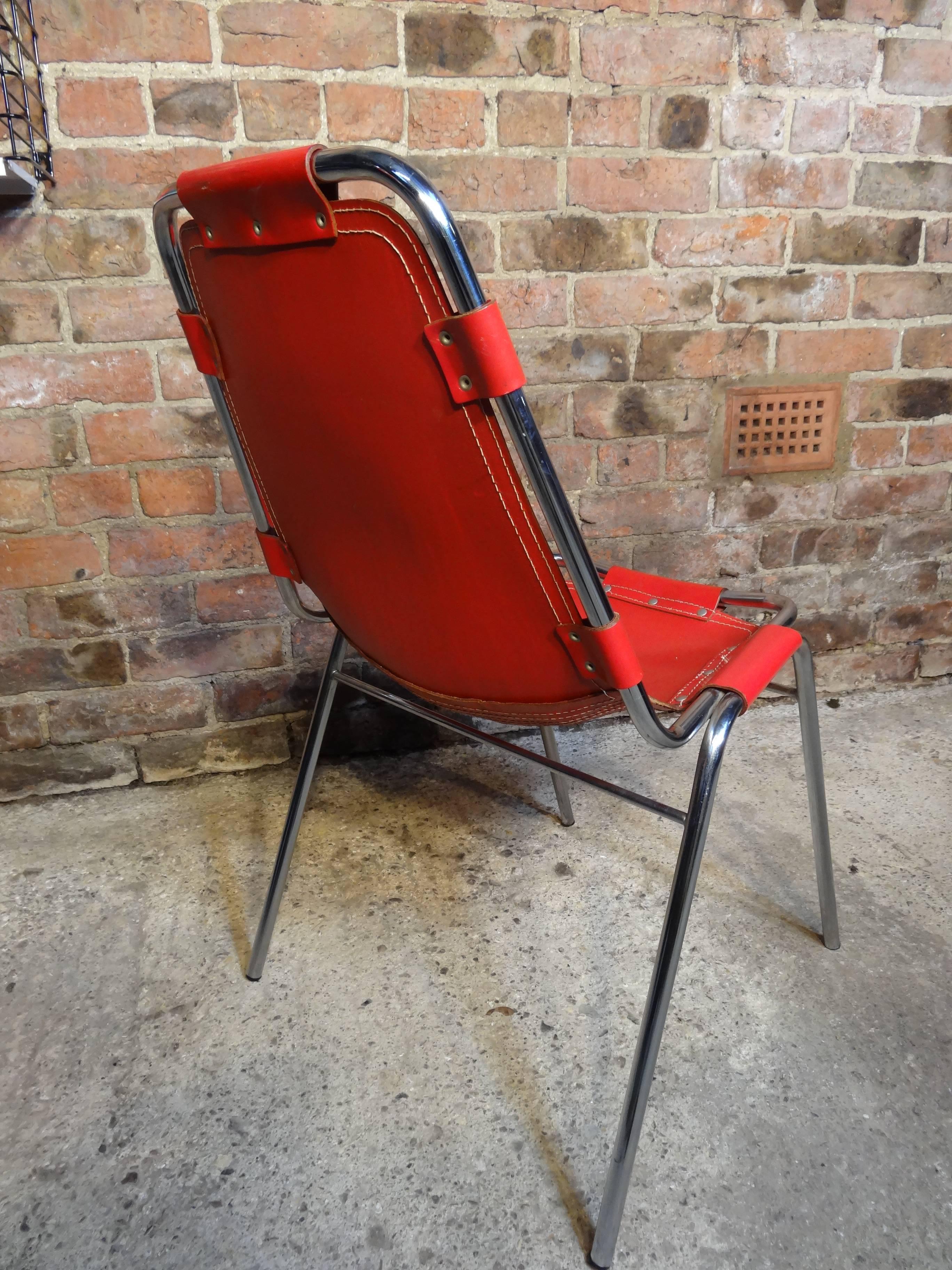 French Mid-Century Modern 1960 Red Leather Perriand Chairs for Les Arcs, 1960 For Sale