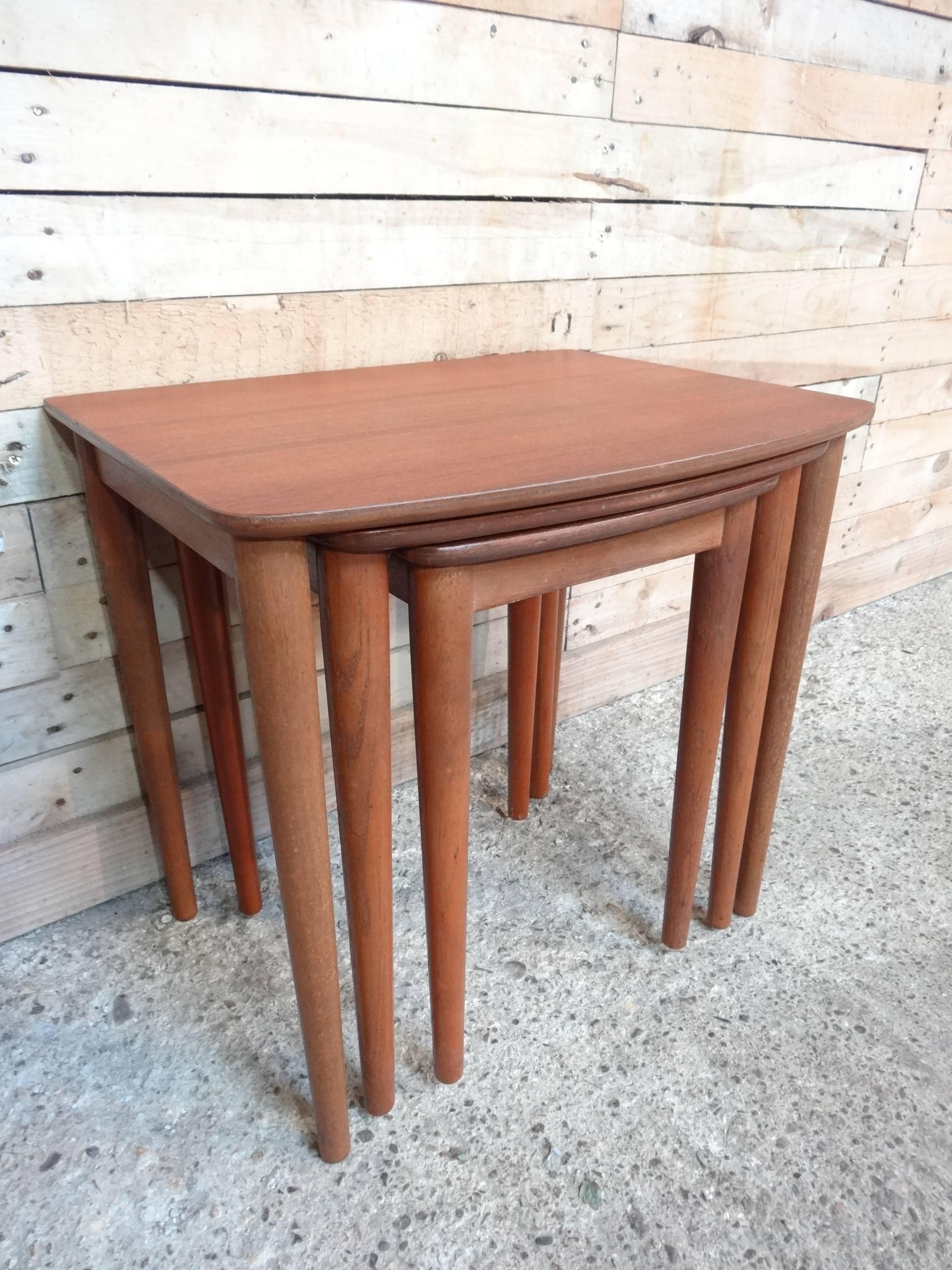 A gorgeous set of teak nest of tables, solid legs, they have beautiful detailing and simply stunning grain.

Measures: Height 48cm, depth 40cm, width 52cm.

 