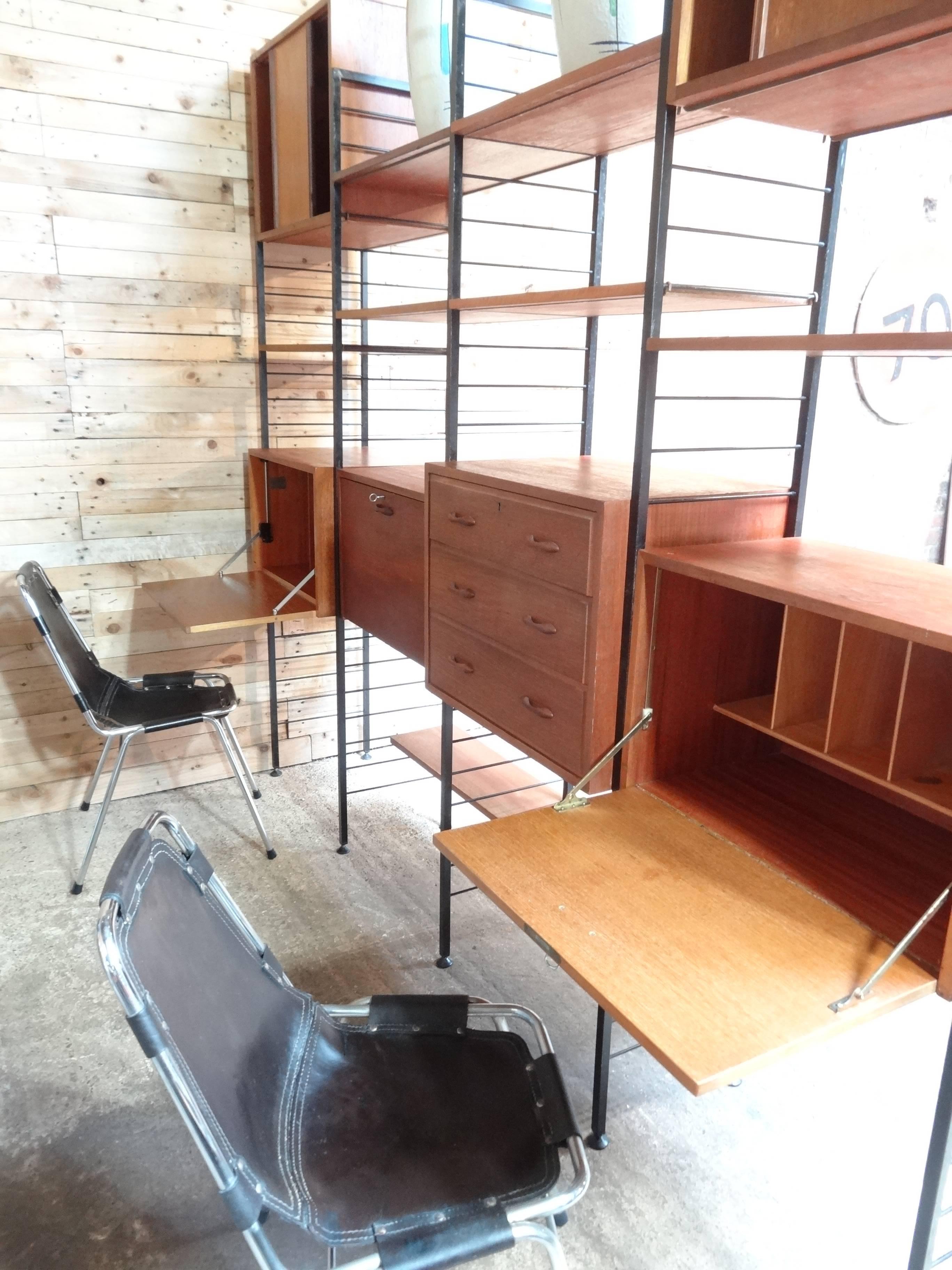 Room Divider/Freestanding Black Metal Teak Wall Shelving/Storage with Two Desks In Excellent Condition In Markington, GB