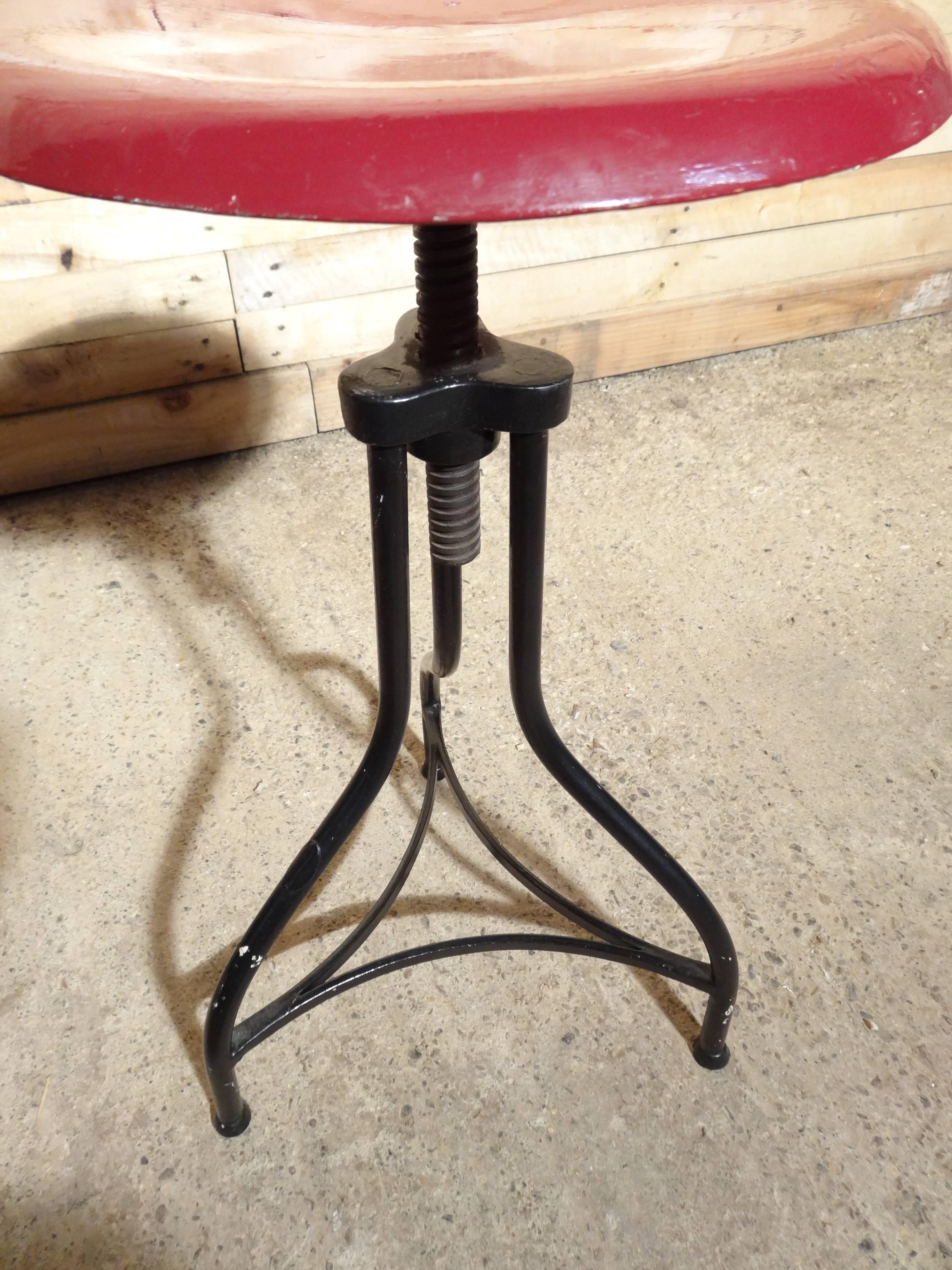 1930s Metal French Industrial Stool with Red Seat In Excellent Condition In Markington, GB