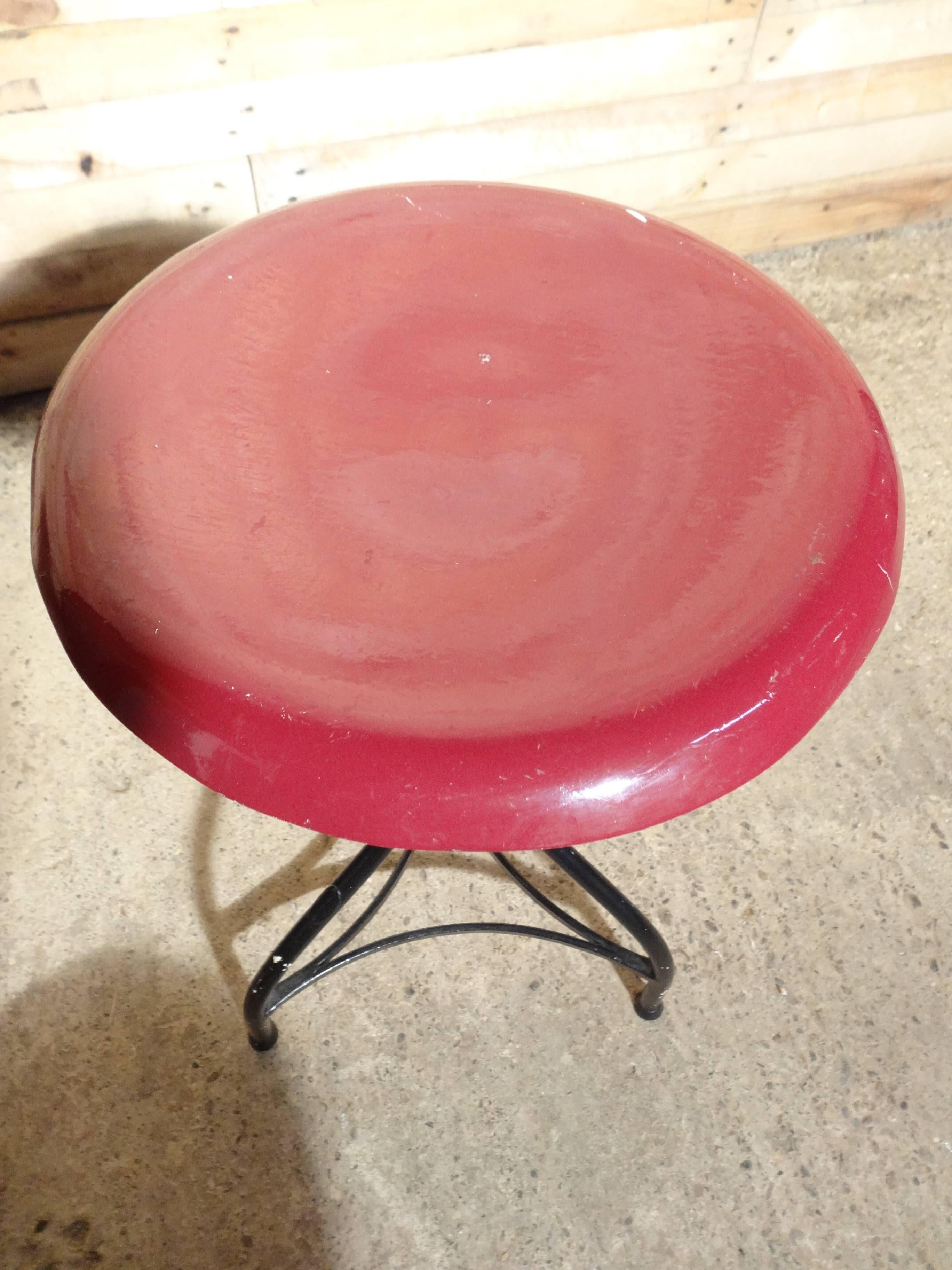 1930s Metal French Industrial Stool with Red Seat 1