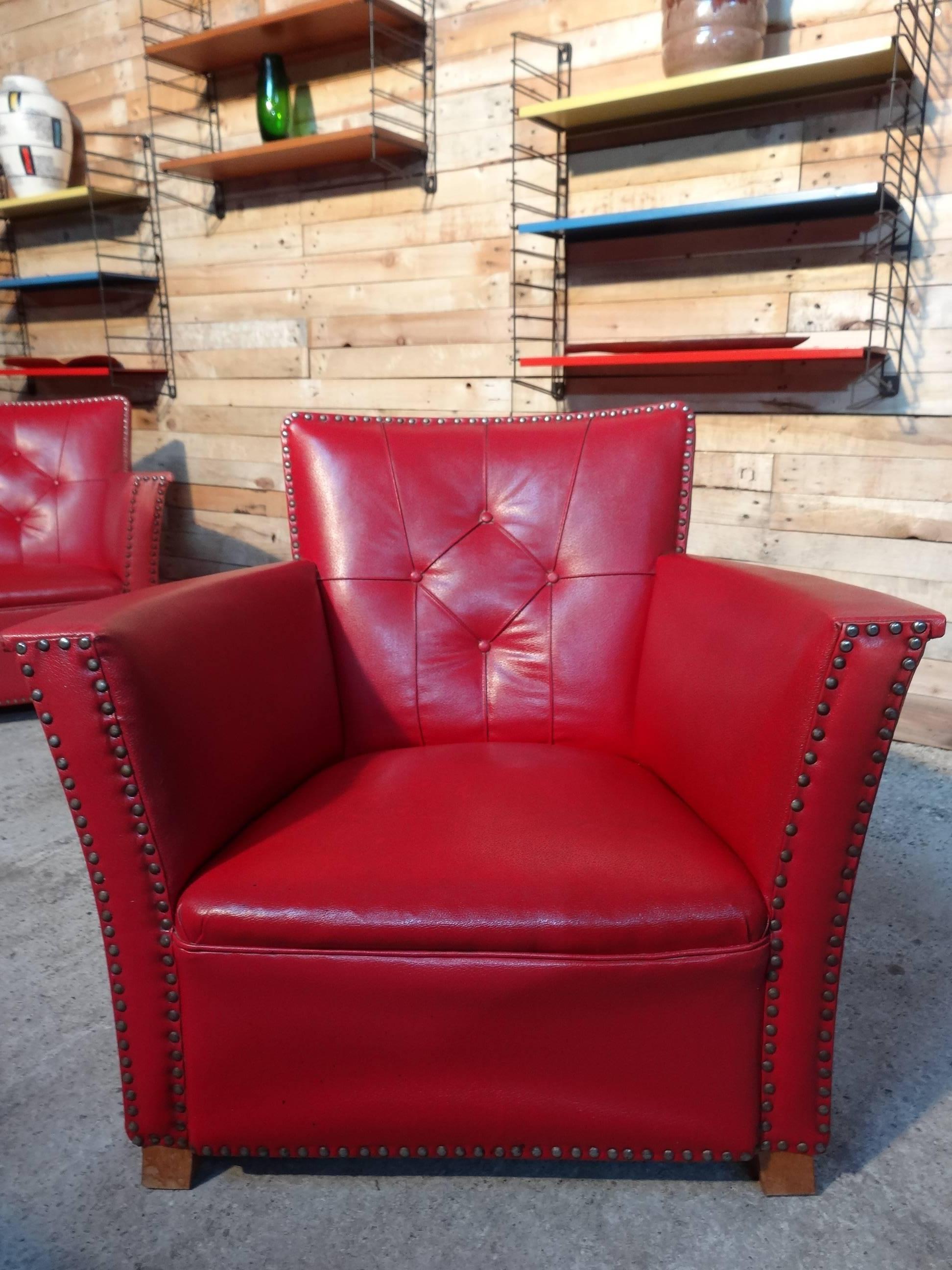 Red Vinyl Art Deco Club / Lounge Chairs, circa 1930 In Good Condition In Markington, GB