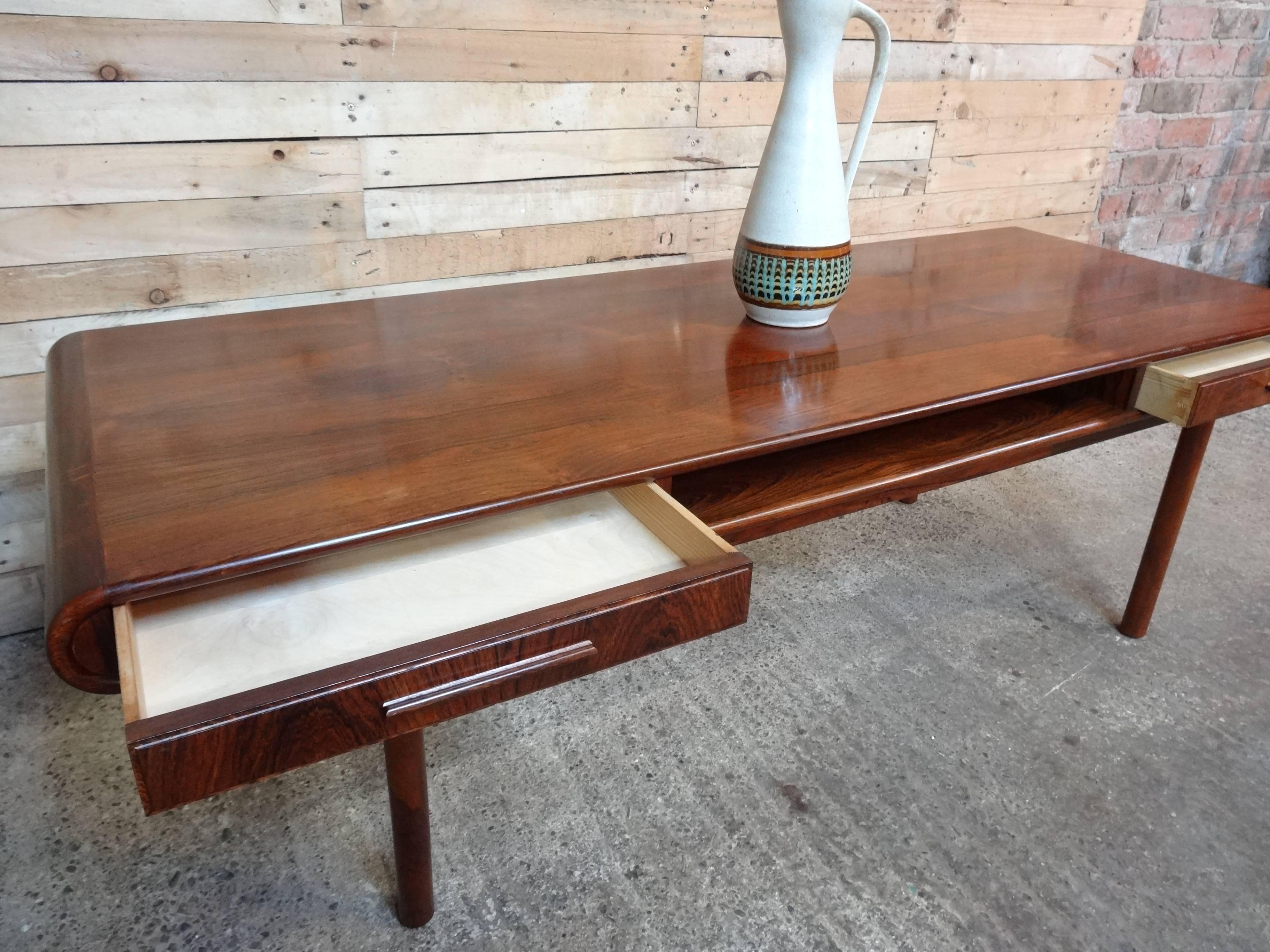 Exquisite Danish 1960s Retro Rosewood Coffee Table with Two Drawers 2