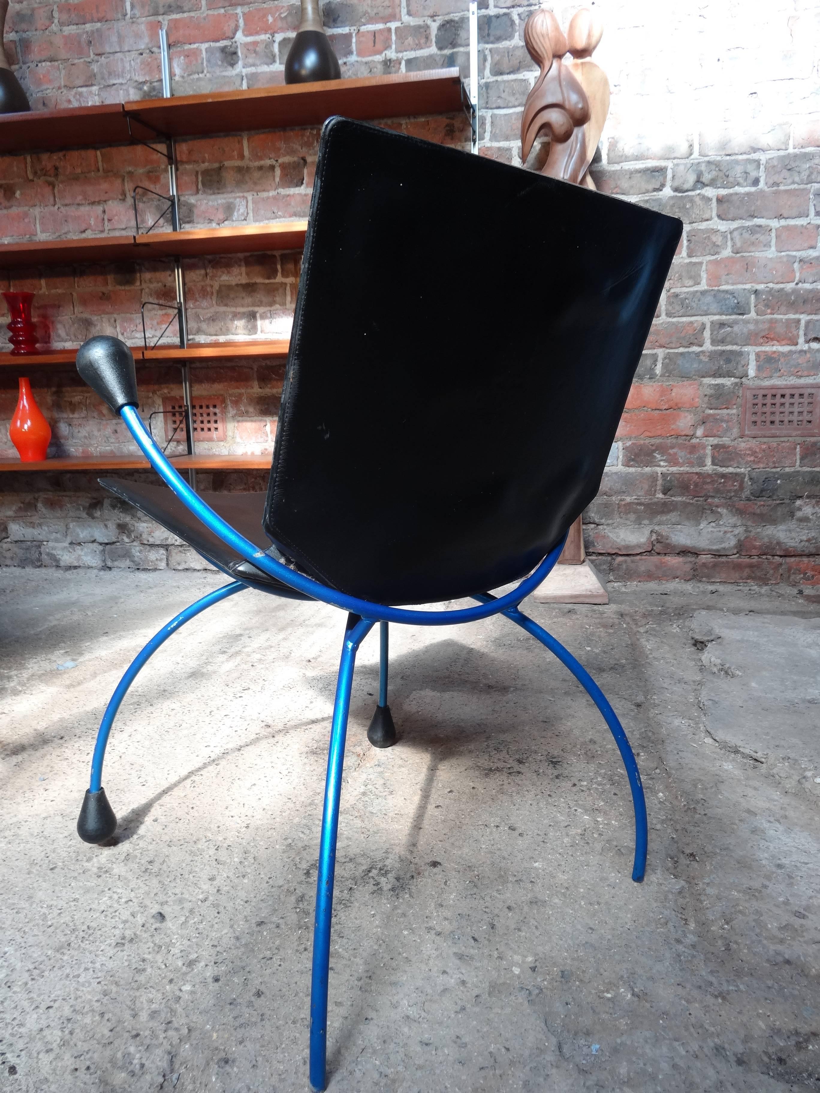 Stunning pair of very unusual blue metal framed 'spider' chairs, price is for the two chairs. 

Measures: Seat height 50cm, height 77cm, depth 50cm, width 64cm.
