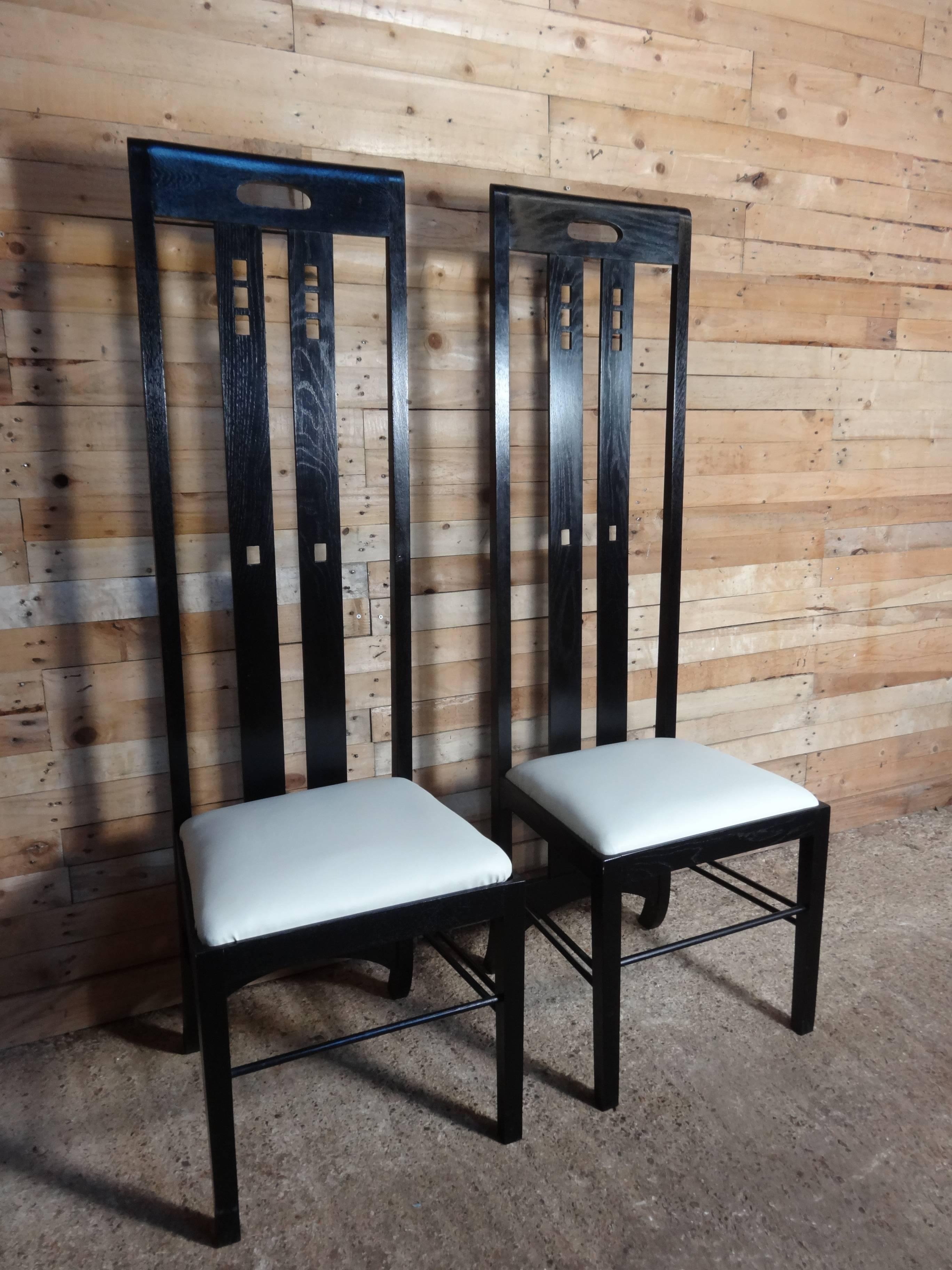 20th Century Art Nouveau Style Black Lacquer High Back Chairs, Labeled Macintosh