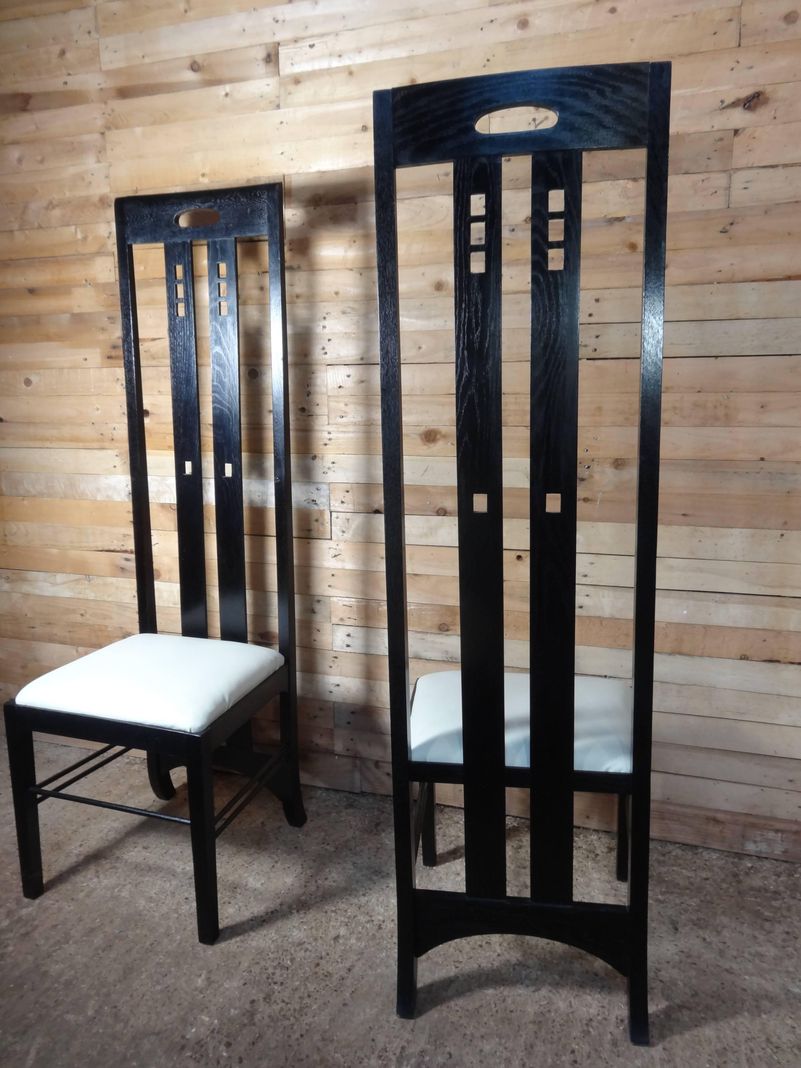 Scottish Art Nouveau Style Black Lacquer High Back Chairs, Labeled Macintosh