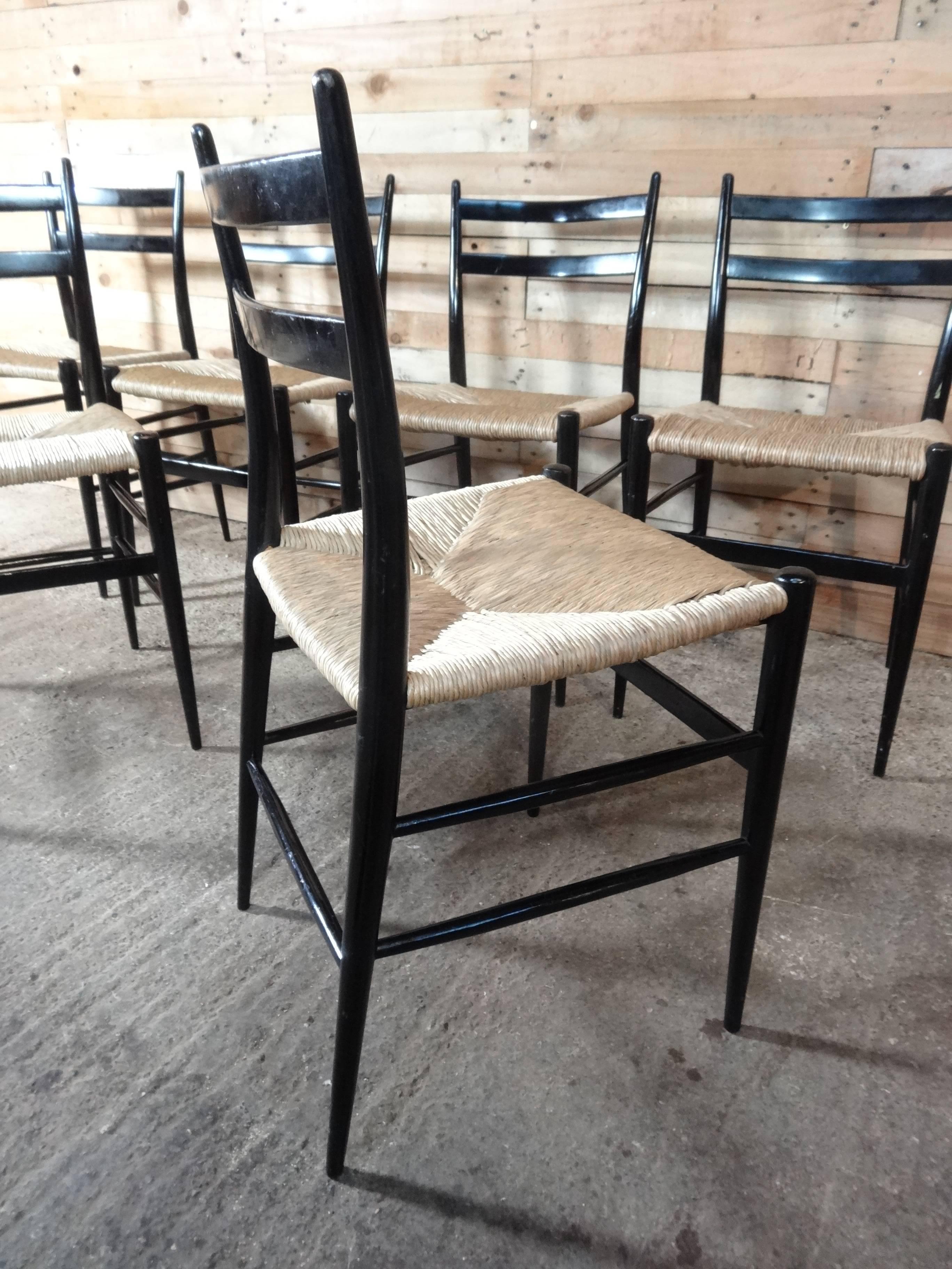 Rush Six Ebonized Mid-Century Modern Chairs Attributed to Gio Ponti, Italy circa 1950